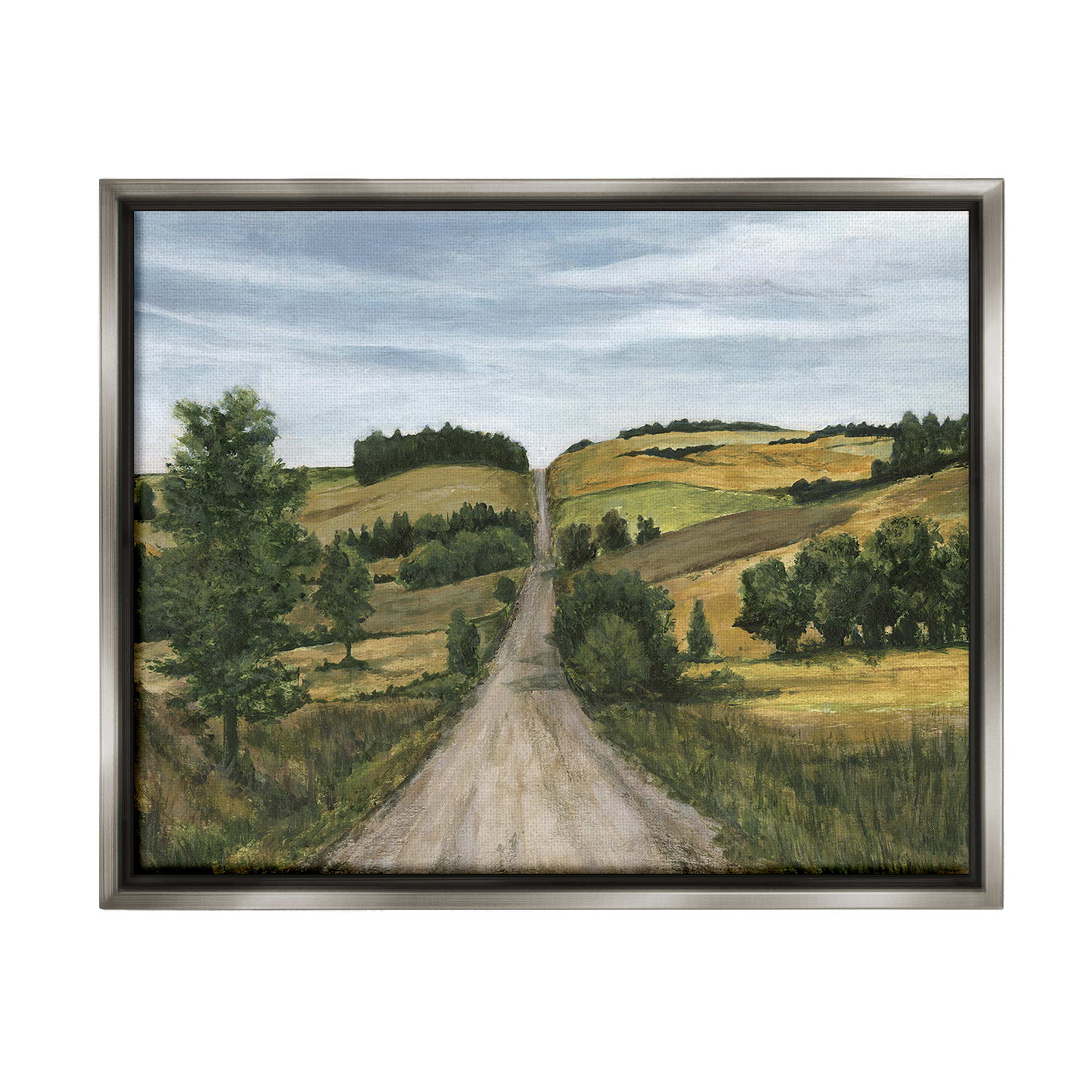 Stupell Industries Receding Country Path Landscape Painting Gray Floater Framed Canvas Art Print Wall Art, 21 x 17