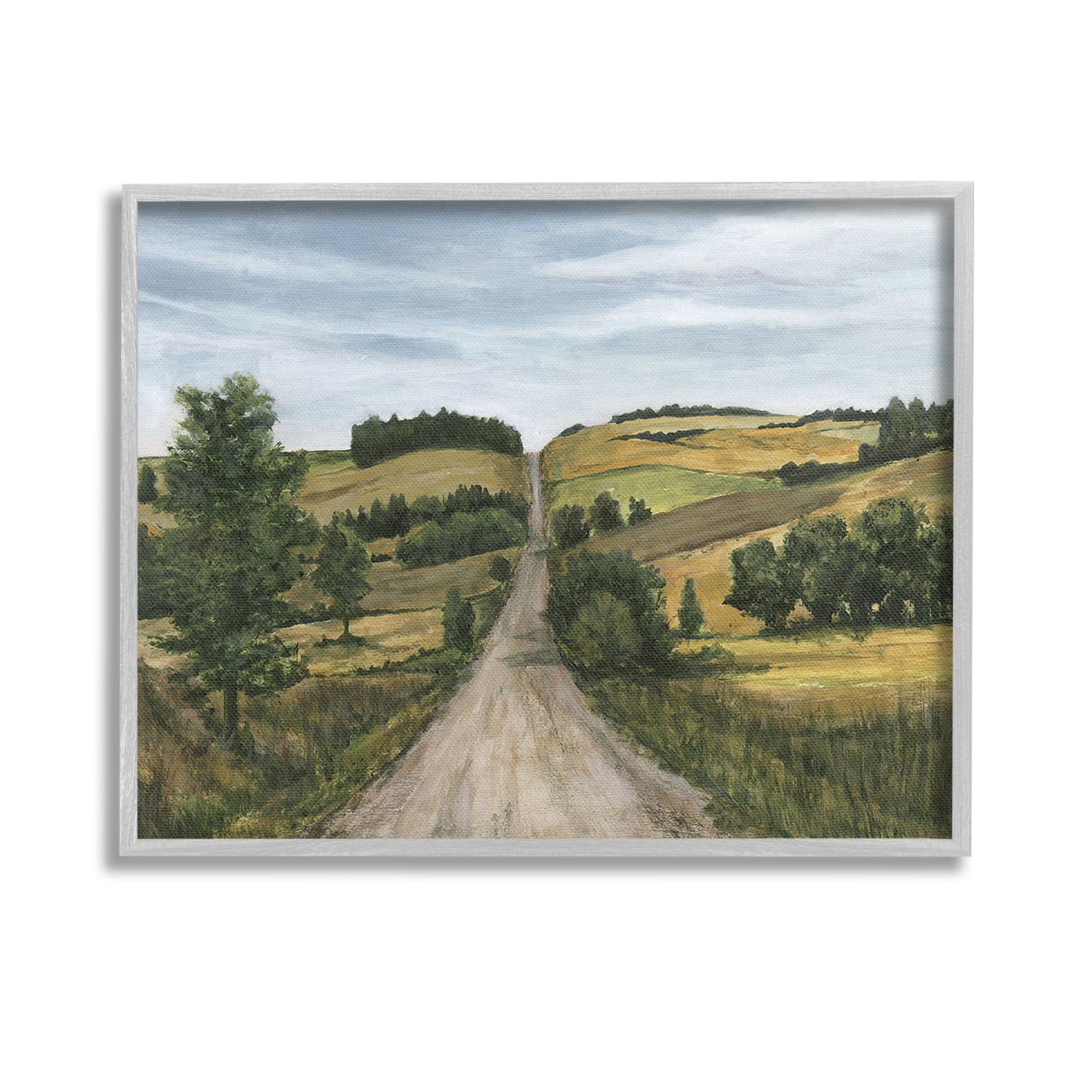 Stupell Industries Receding Country Path Landscape Painting Gray Framed Art Print Wall Art, 14 x 11