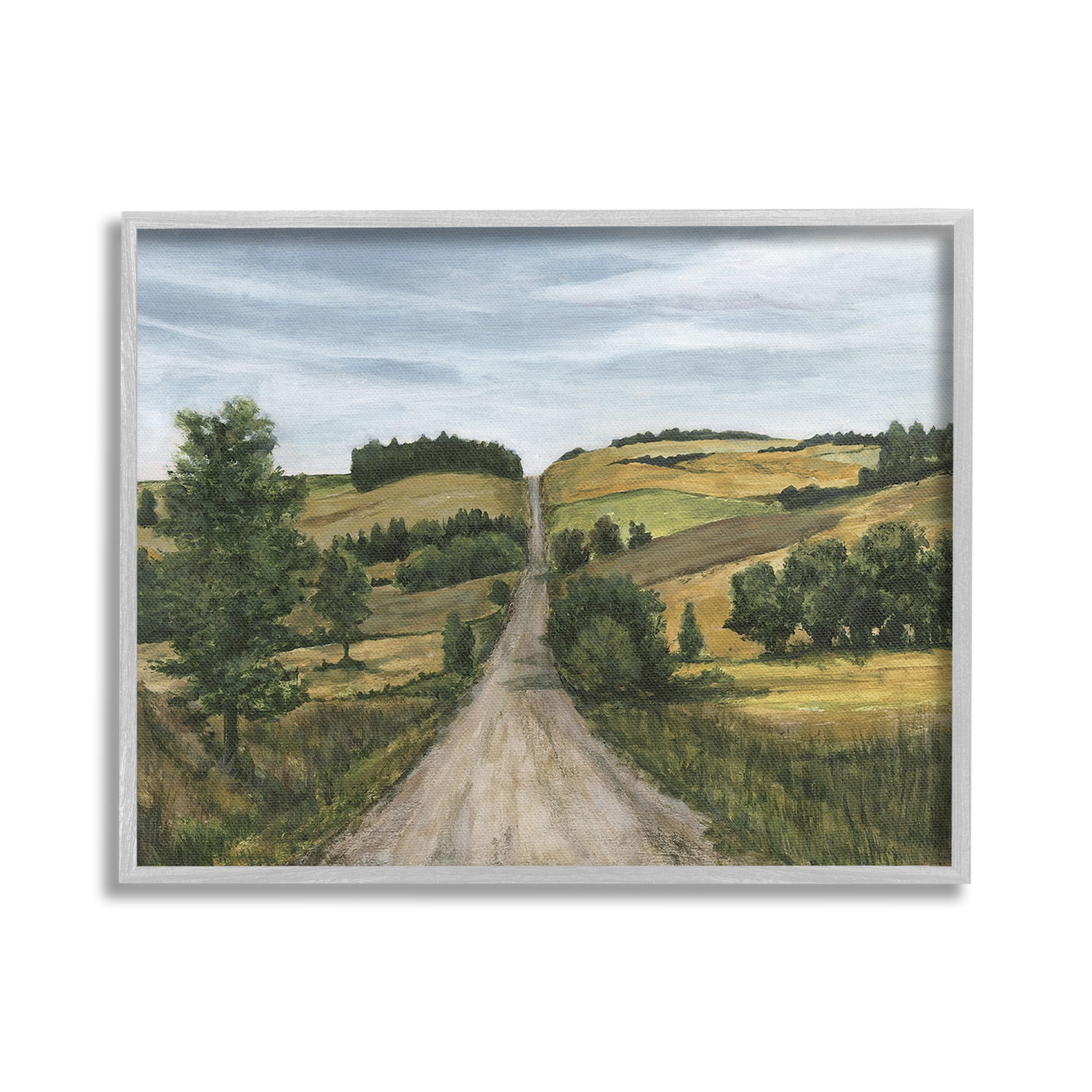Stupell Industries Receding Country Path Landscape Painting Gray Framed Art Print Wall Art, 20 x 16