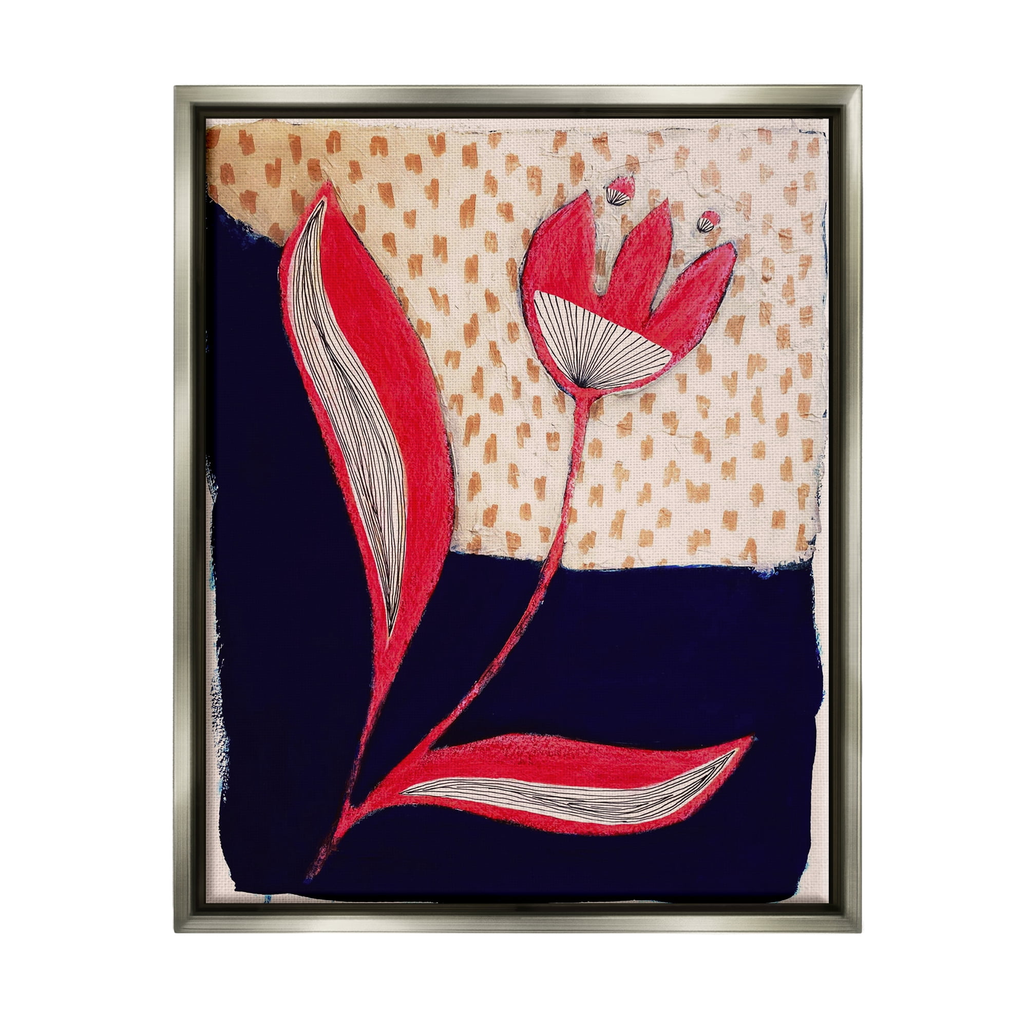 Stupell Industries Red Abstract Flower Botanical & Floral Painting Gray Floater Framed Canvas Art Print Wall Art, 17 x 21