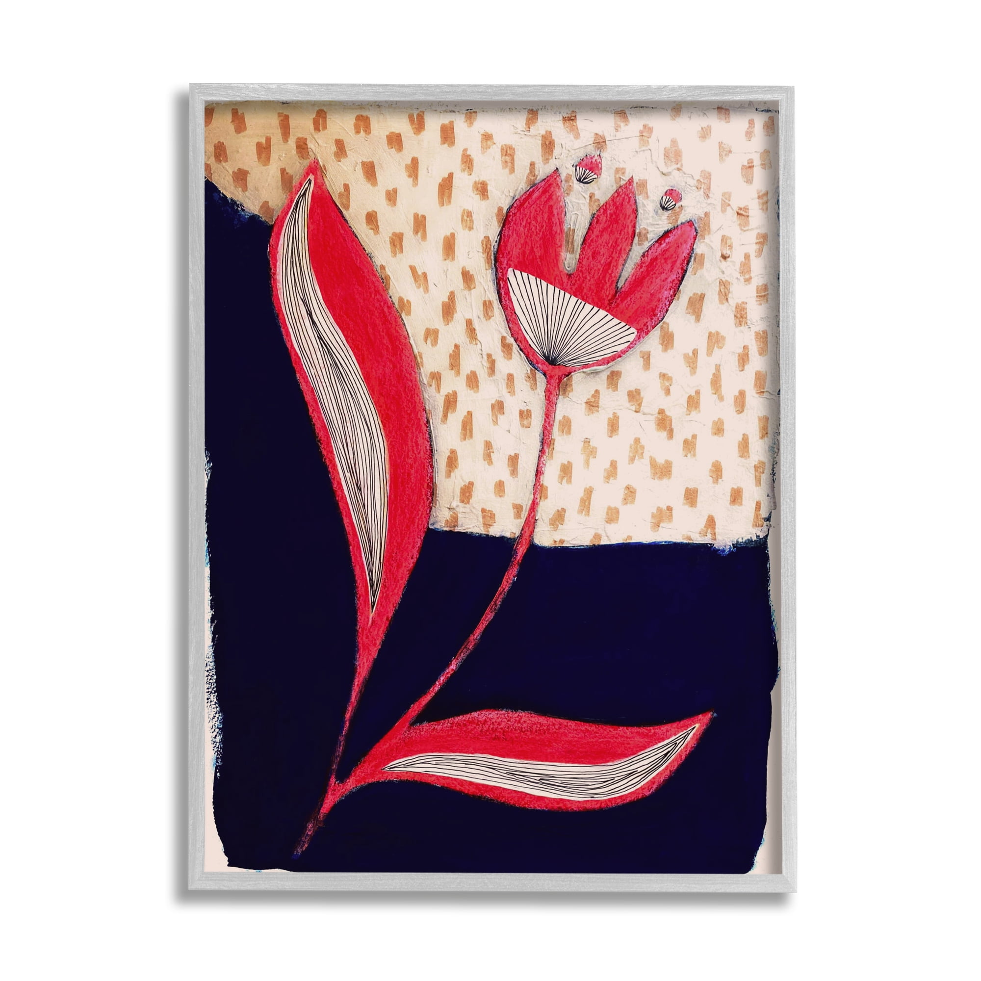 Stupell Industries Red Abstract Flower Botanical & Floral Painting Gray Framed Art Print Wall Art, 24 x 30