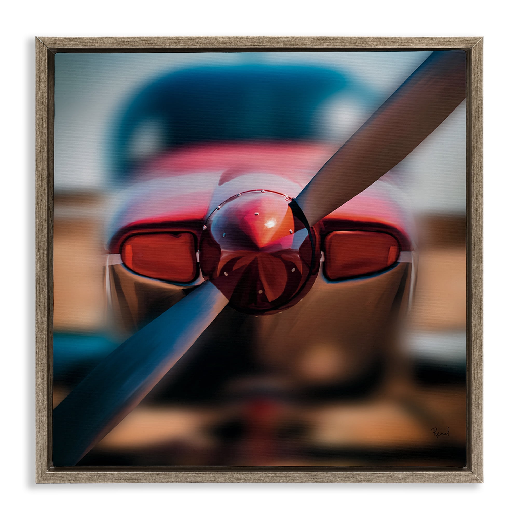 Stupell Industries Red Aircraft Propeller Brown Framed Floater Canvas Wall Art, design by Renel Peters