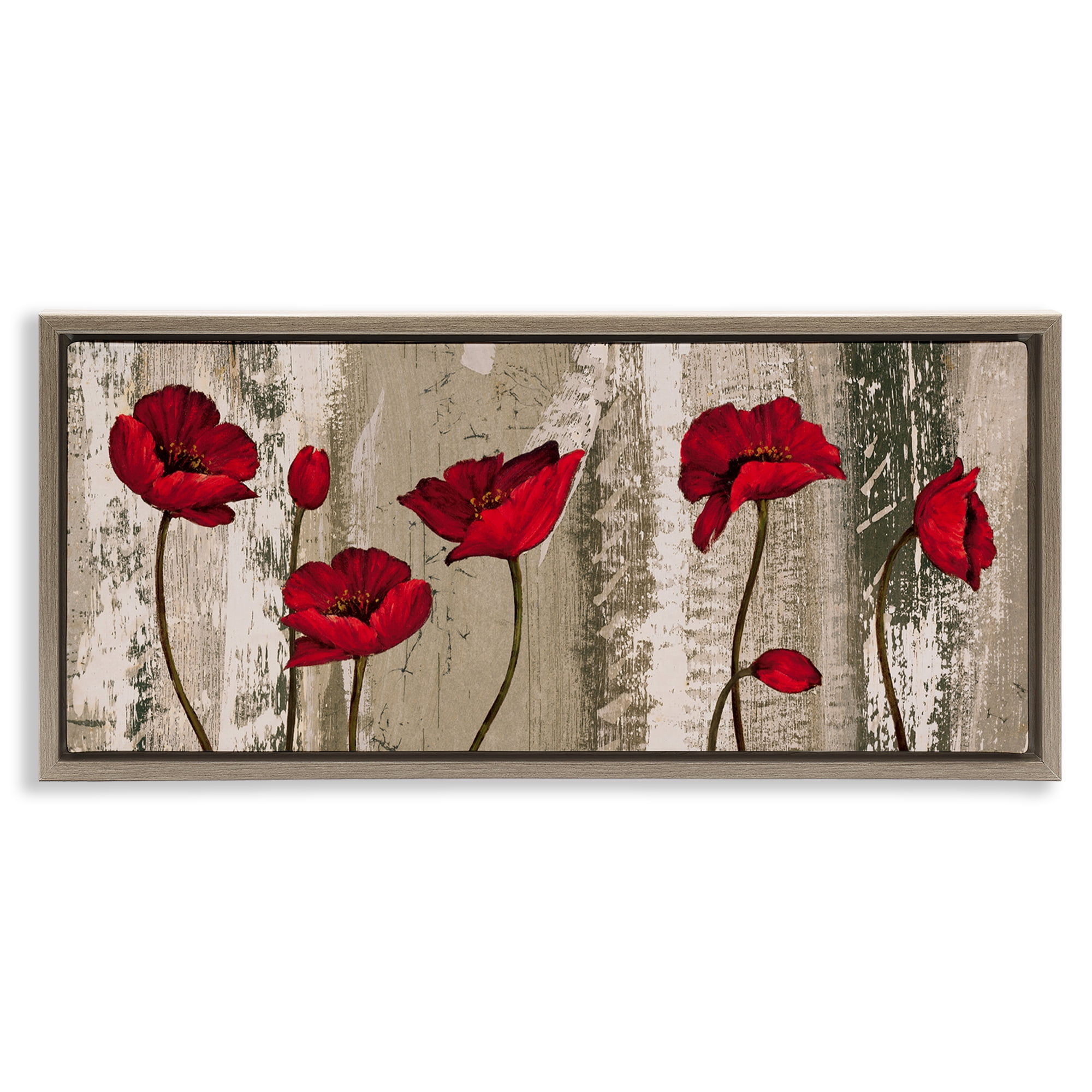 Stupell Industries Red Anemones on Tan Plants & Flowers Painting Brown Floater Framed Canvas Art Print Wall Art, 25 x 11