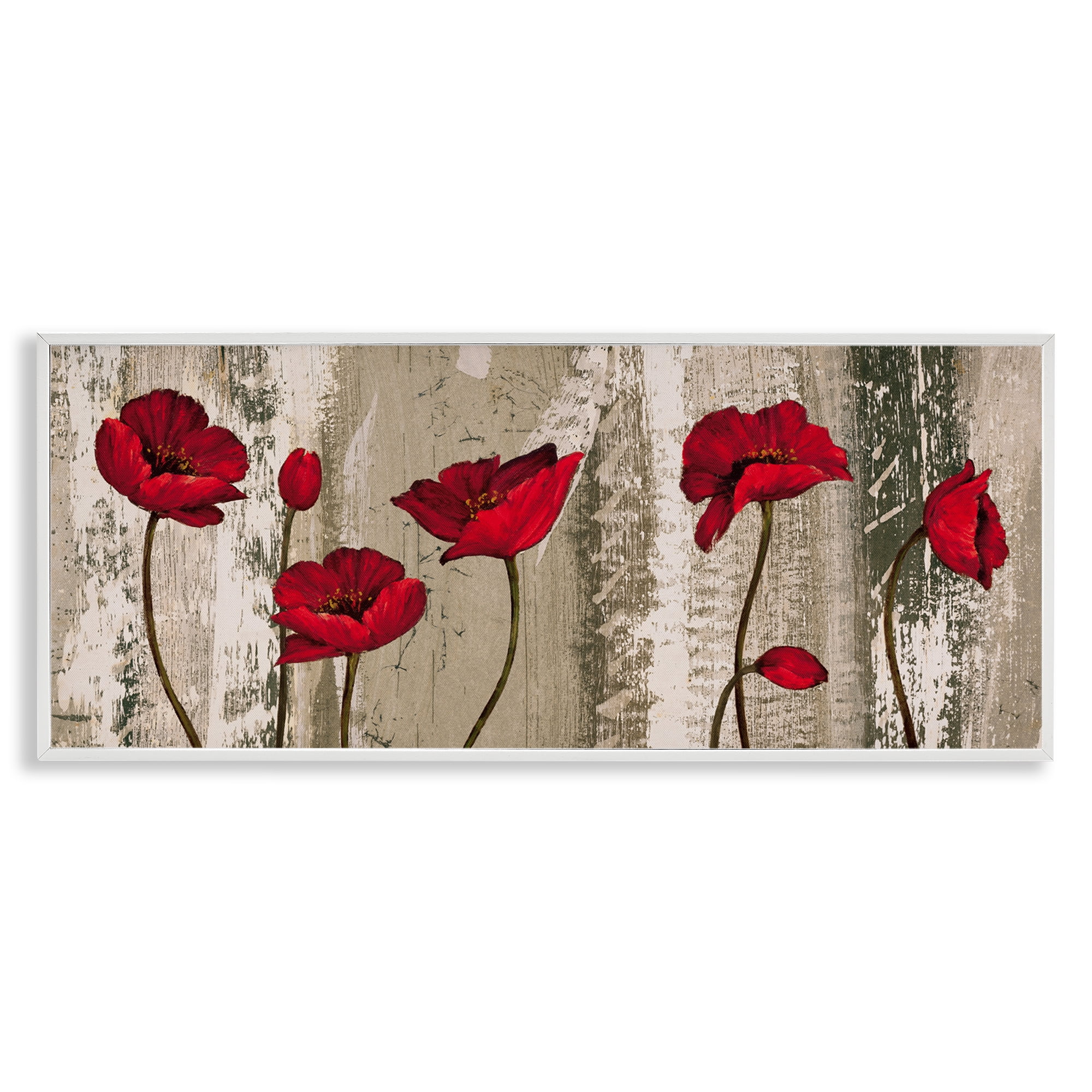 Stupell Industries Red Anemones on Tan Plants & Flowers Painting White Framed Art Print Wall Art, 24 x 10
