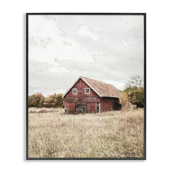 Stupell Industries Red Barn Country Terrain Landscape & Nature Painting Black Framed Art Print Wall Art, 11 x 14