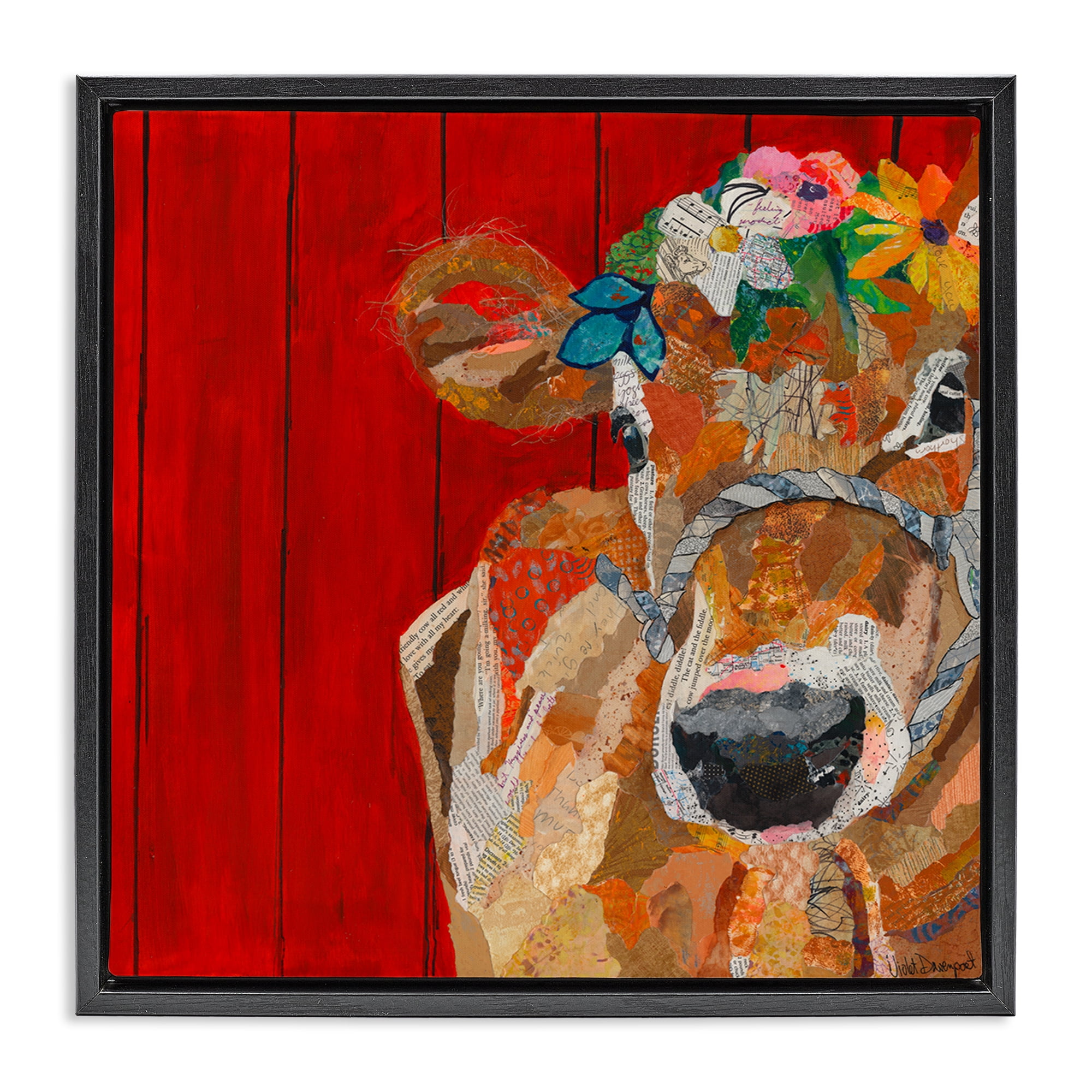 Stupell Industries Red Barn Cow Collage Animals Painting Black Floater Framed Canvas Art Print Wall Art, 25 x 25