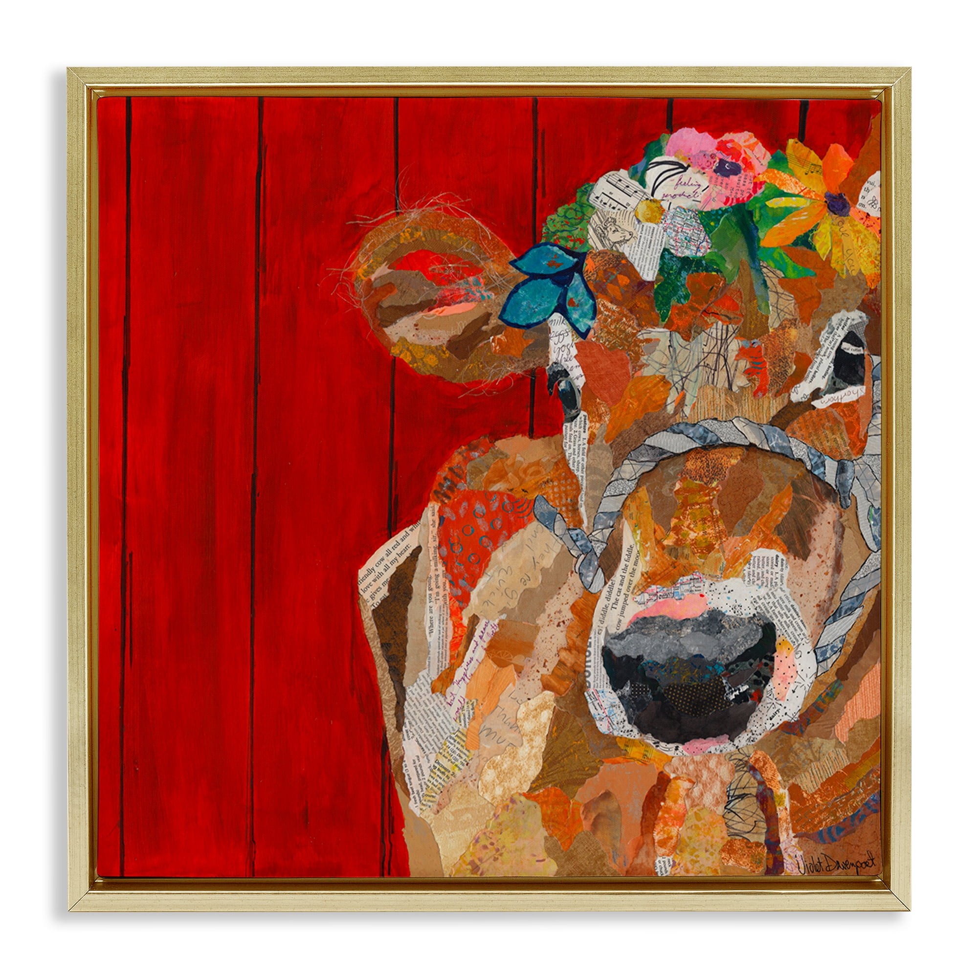 Stupell Industries Red Barn Cow Collage Animals Painting Gold Floater Framed Canvas Art Print Wall Art, 18 x 18
