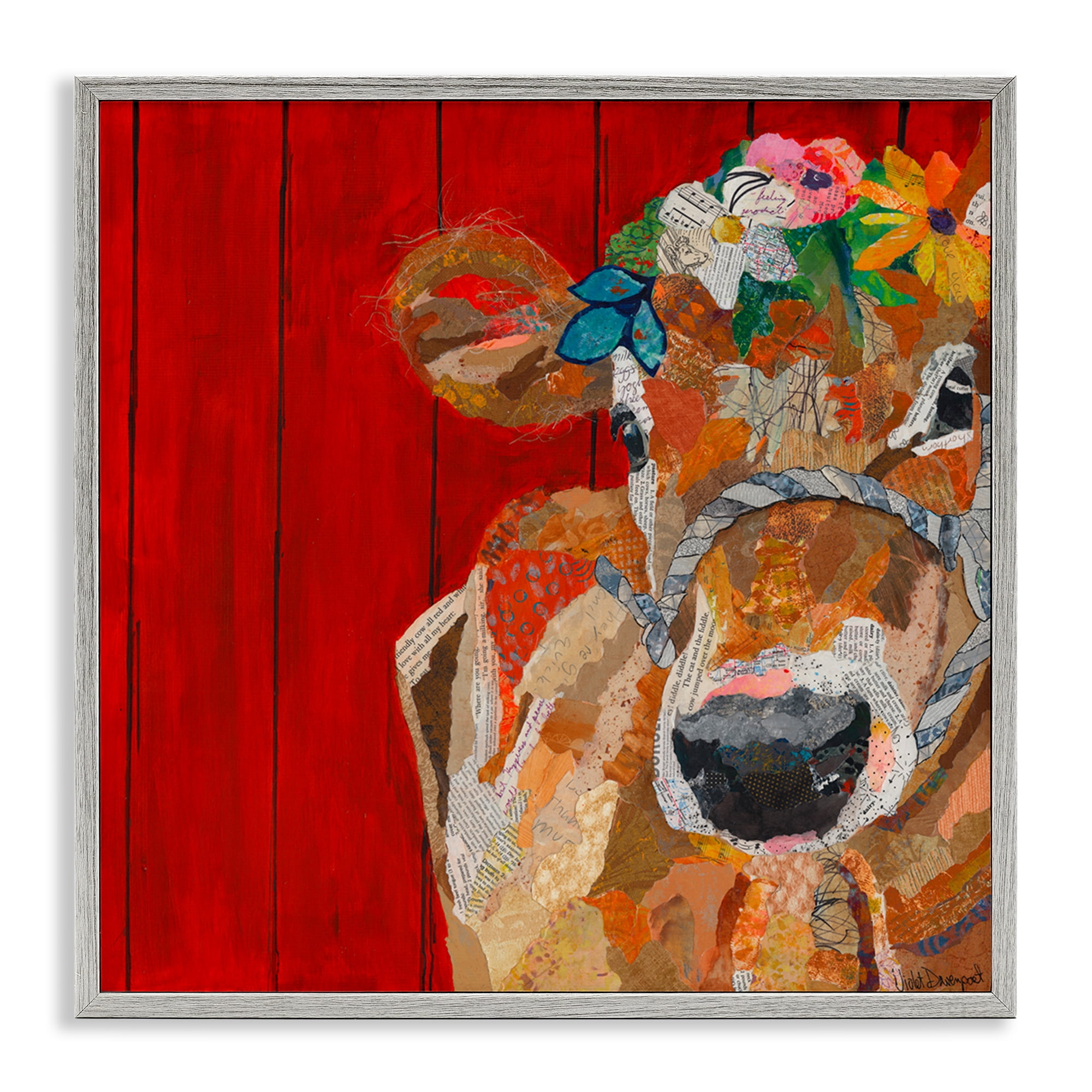 Stupell Industries Red Barn Cow Collage Animals Painting Gray Framed Art Print Wall Art, 17 x 17