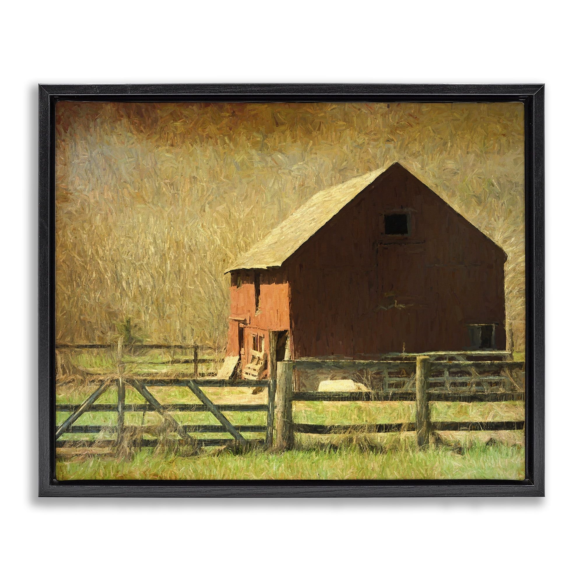Stupell Industries Red Barn Distressed Pattern Landscape & Nature Painting Black Floater Framed Canvas Art Print Wall Art, 21 x 17