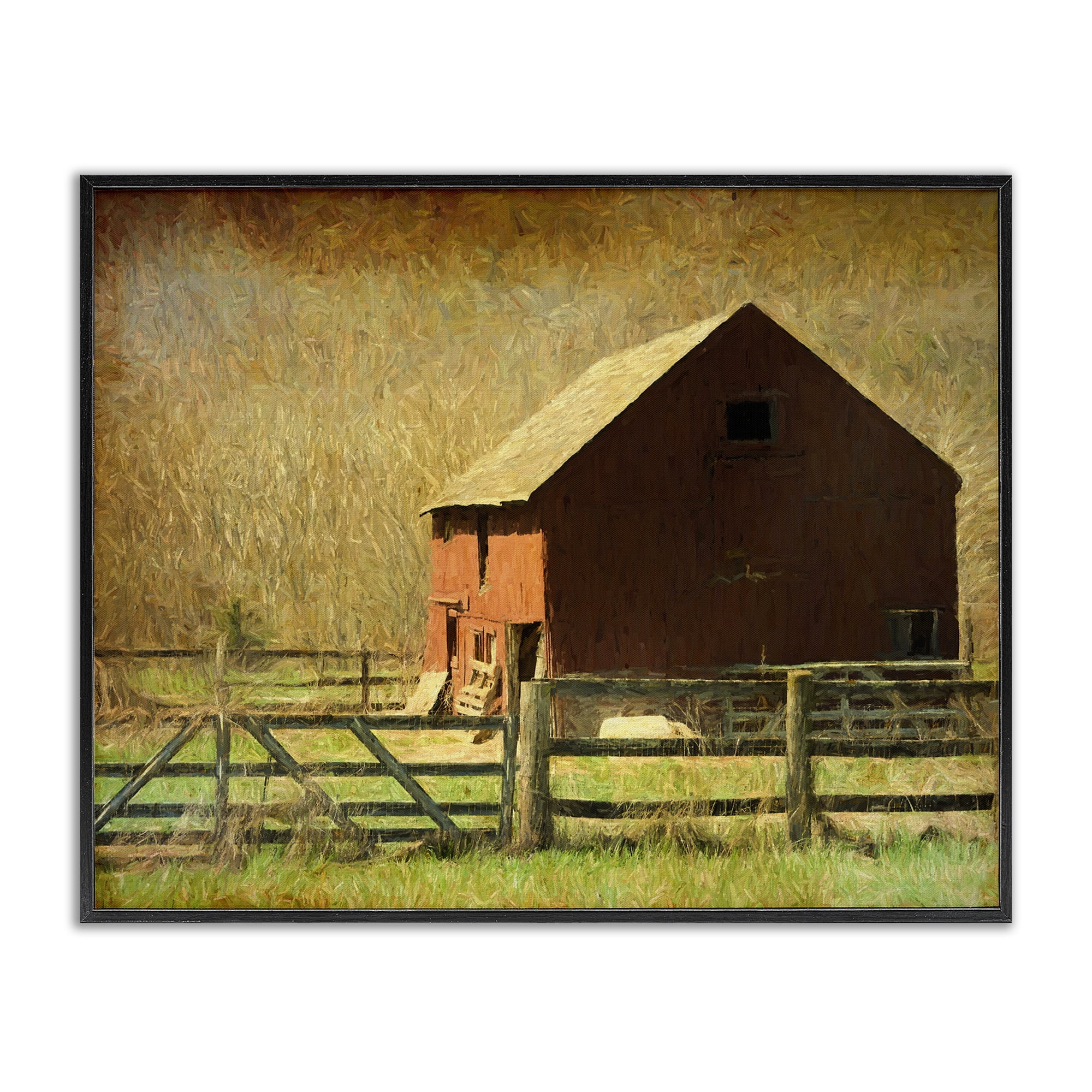Stupell Industries Red Barn Distressed Pattern Landscape & Nature Painting Black Framed Art Print Wall Art, 14 x 11
