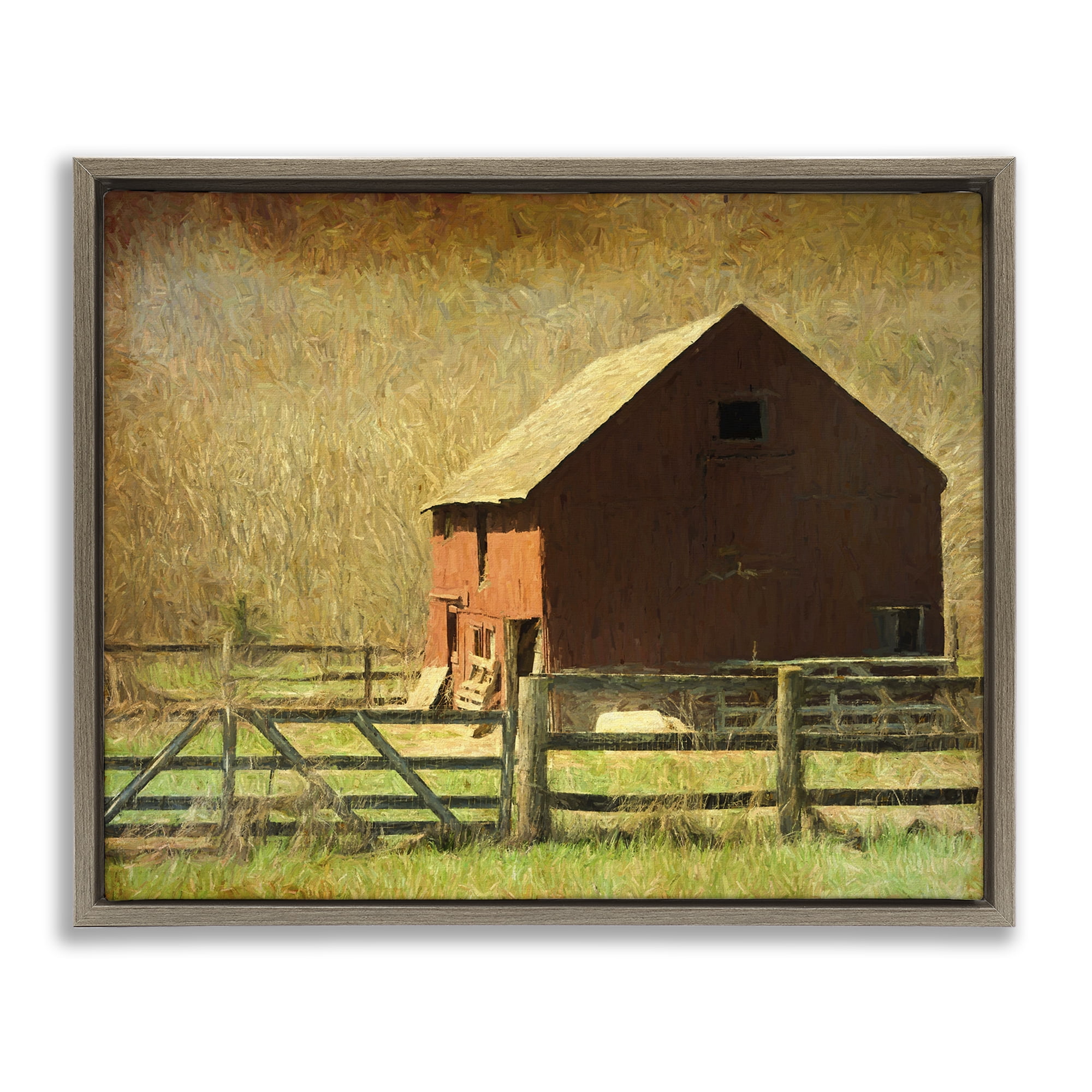 Stupell Industries Red Barn Distressed Pattern Landscape & Nature Painting Brown Floater Framed Canvas Art Print Wall Art, 31 x 25