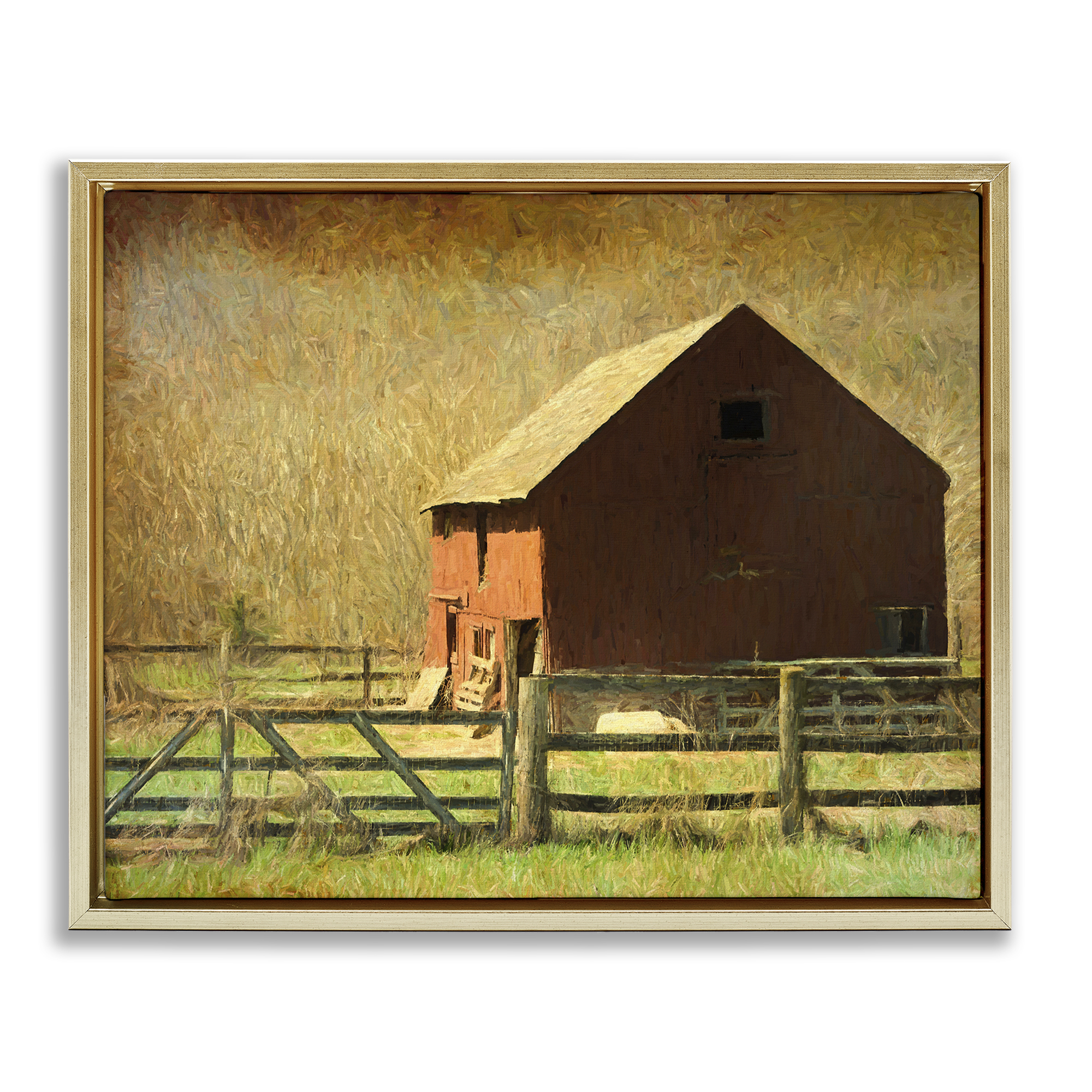 Stupell Industries Red Barn Distressed Pattern Landscape & Nature Painting Gold Floater Framed Canvas Art Print Wall Art, 31 x 25