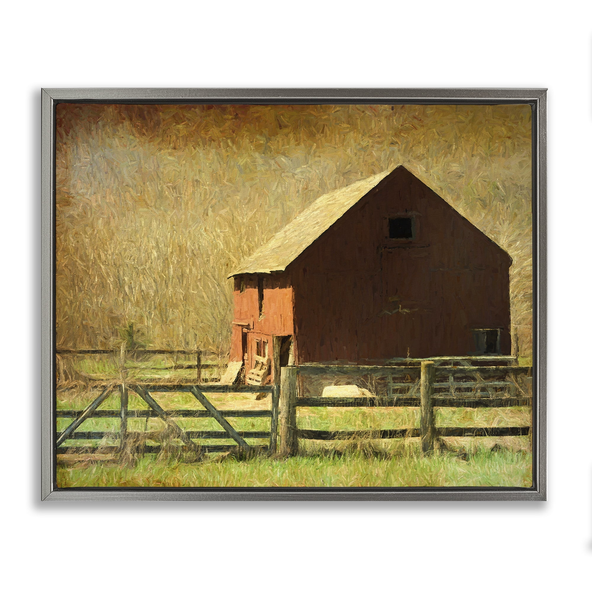 Stupell Industries Red Barn Distressed Pattern Landscape & Nature Painting Gray Floater Framed Canvas Art Print Wall Art, 21 x 17