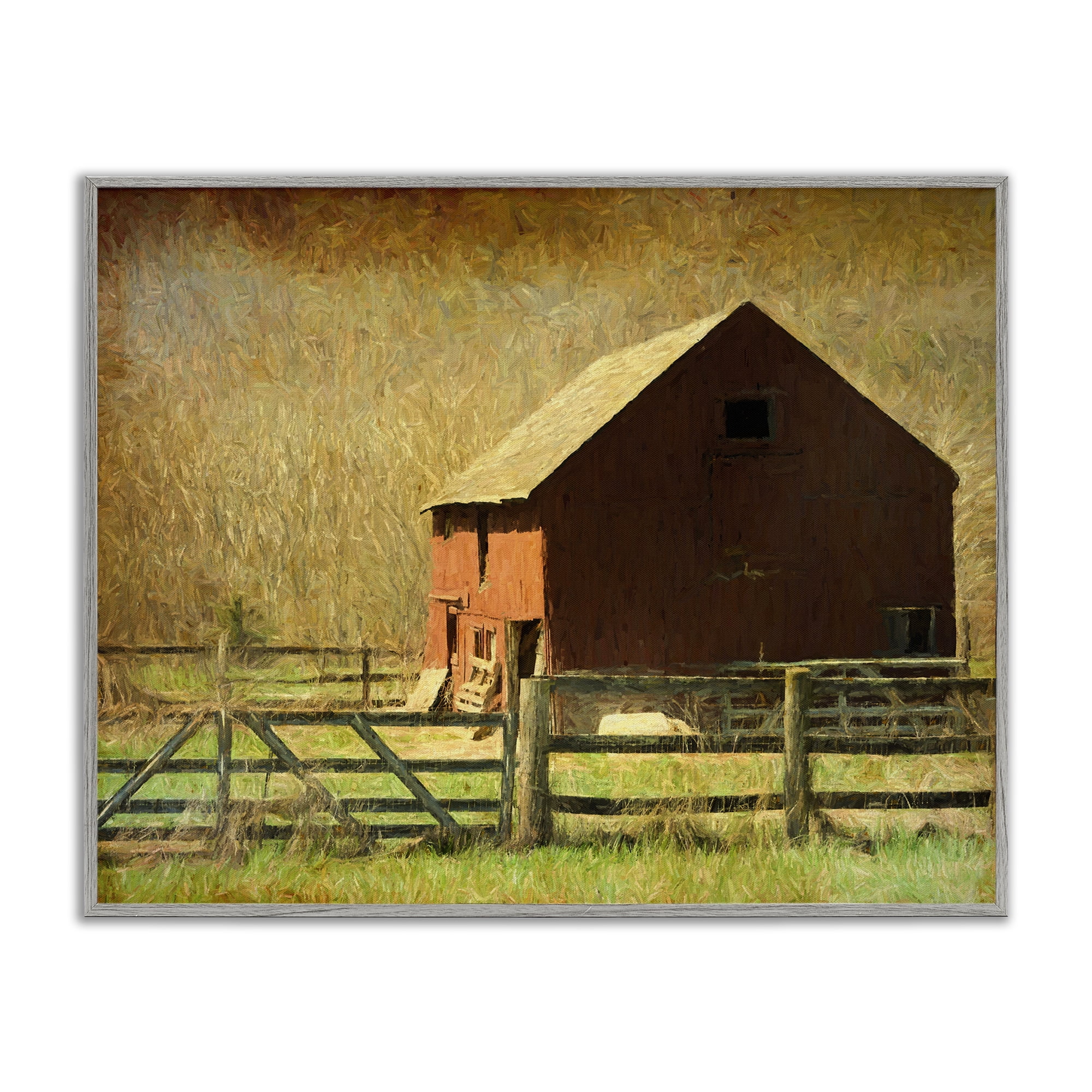 Stupell Industries Red Barn Distressed Pattern Landscape & Nature Painting Gray Framed Art Print Wall Art, 30 x 24