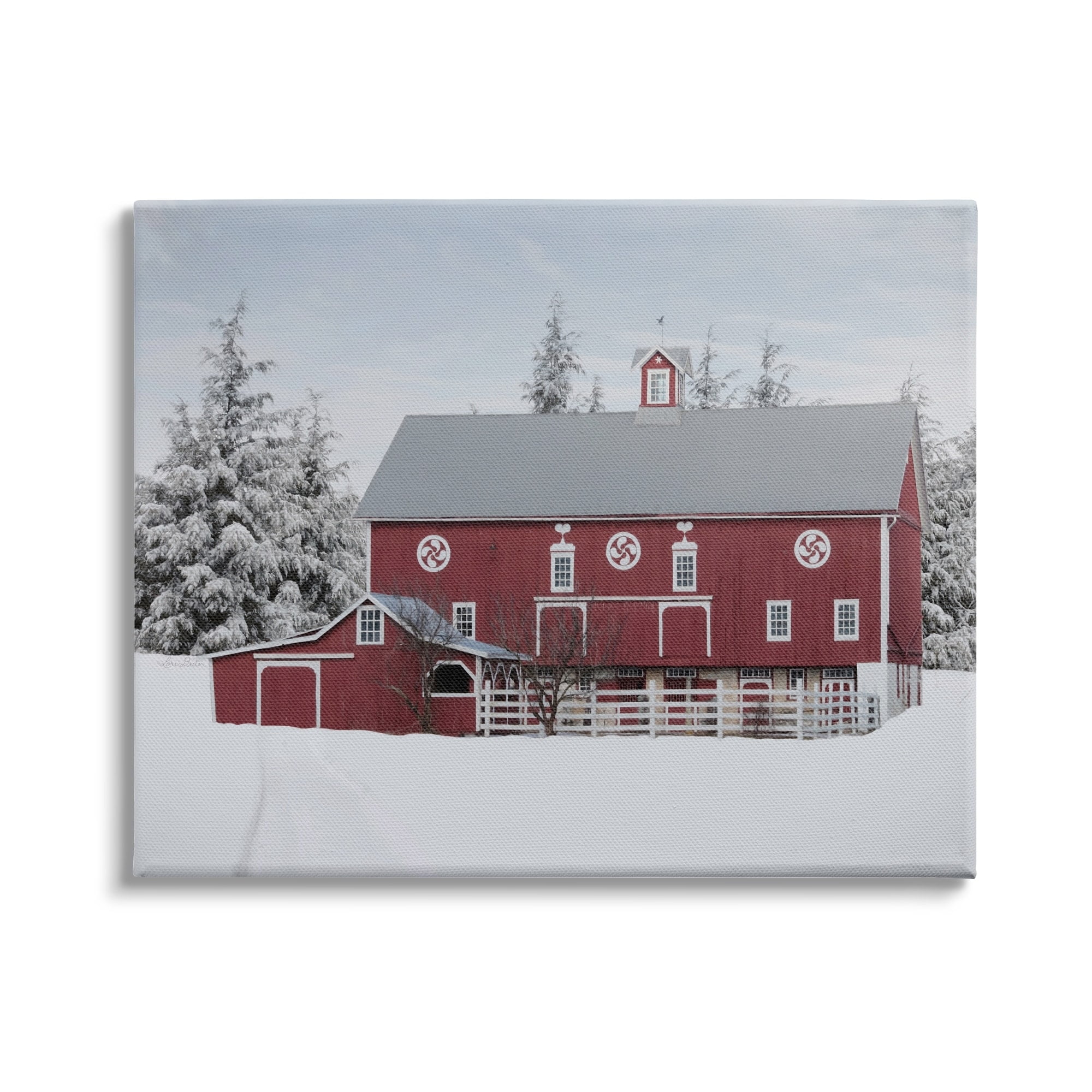 Stupell Industries Red Barn Winter Landscape Snowy Farm Pine Trees, 40 x 30,Design by Lori Deiter