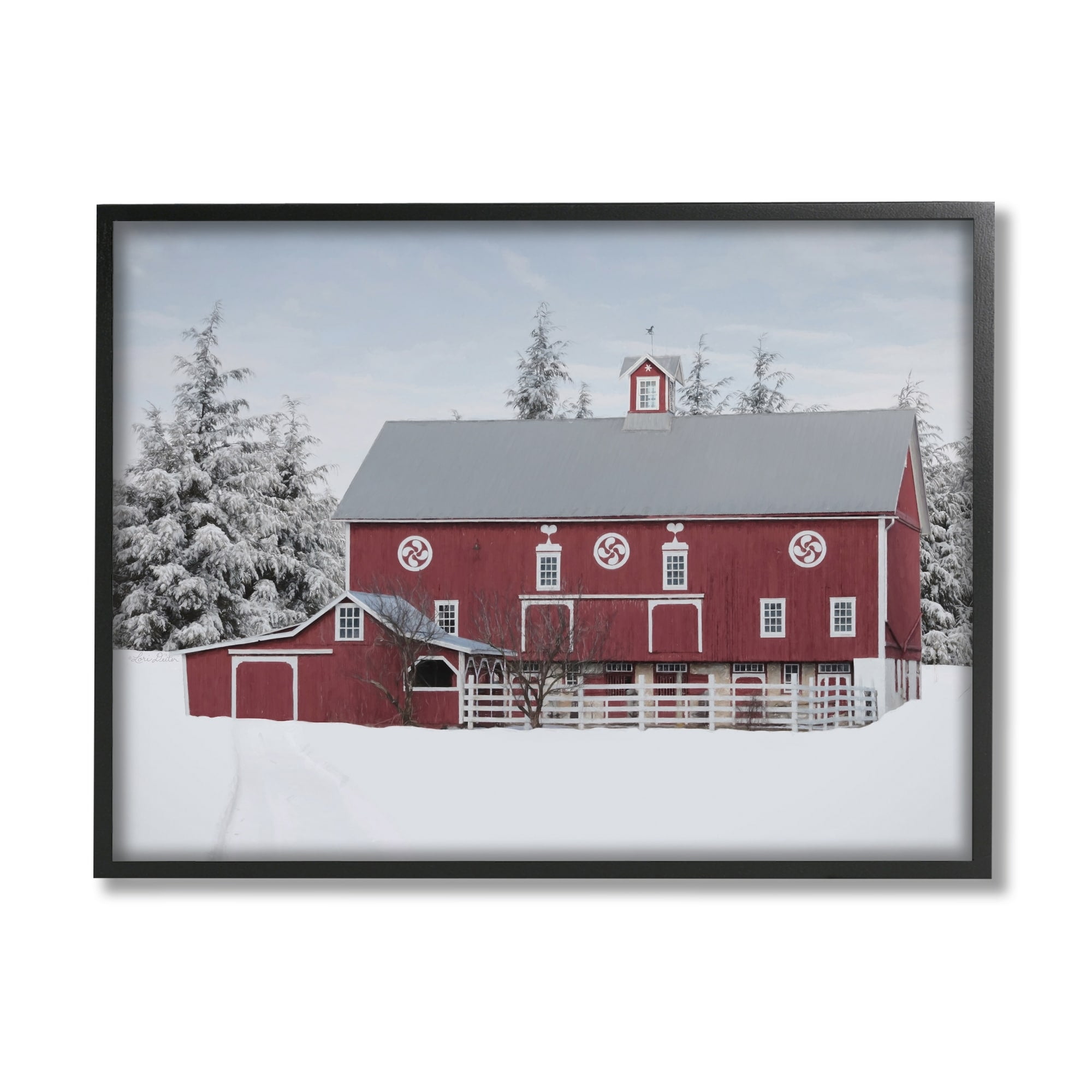 Stupell Industries Red Barn Winter Landscape Snowy Farm Pine Trees Photography Black Framed Art Print Wall Art, 20x16, by Lori Deiter