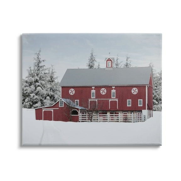 Stupell Industries Red Barn Winter Landscape Snowy Farm Pine Trees Photography Gallery-Wrapped Canvas Print Wall Art, 30x24, by Lori Deiter
