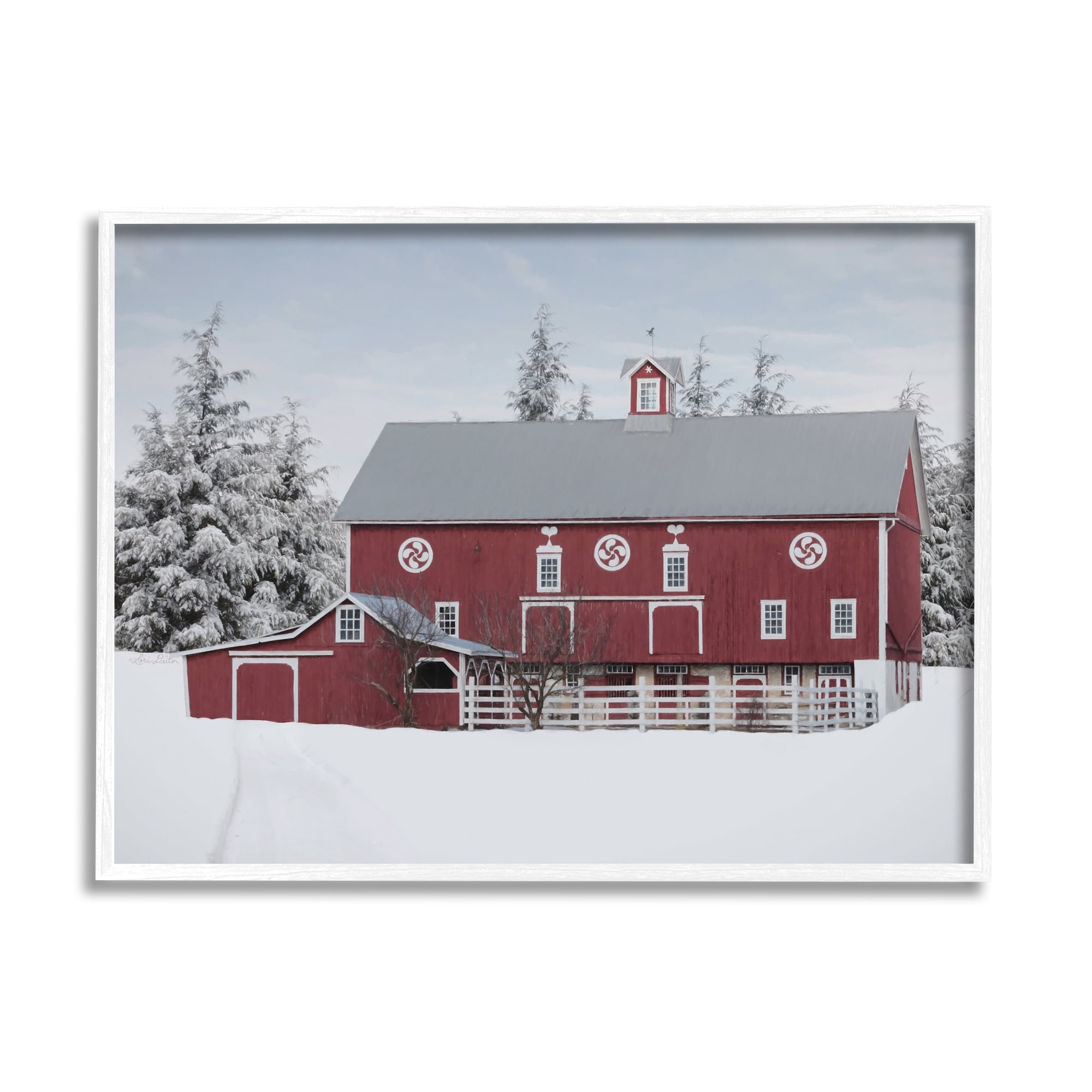 Stupell Industries Red Barn Winter Landscape Snowy Farm Pine Trees Photography White Framed Art Print Wall Art, 30x24, by Lori Deiter