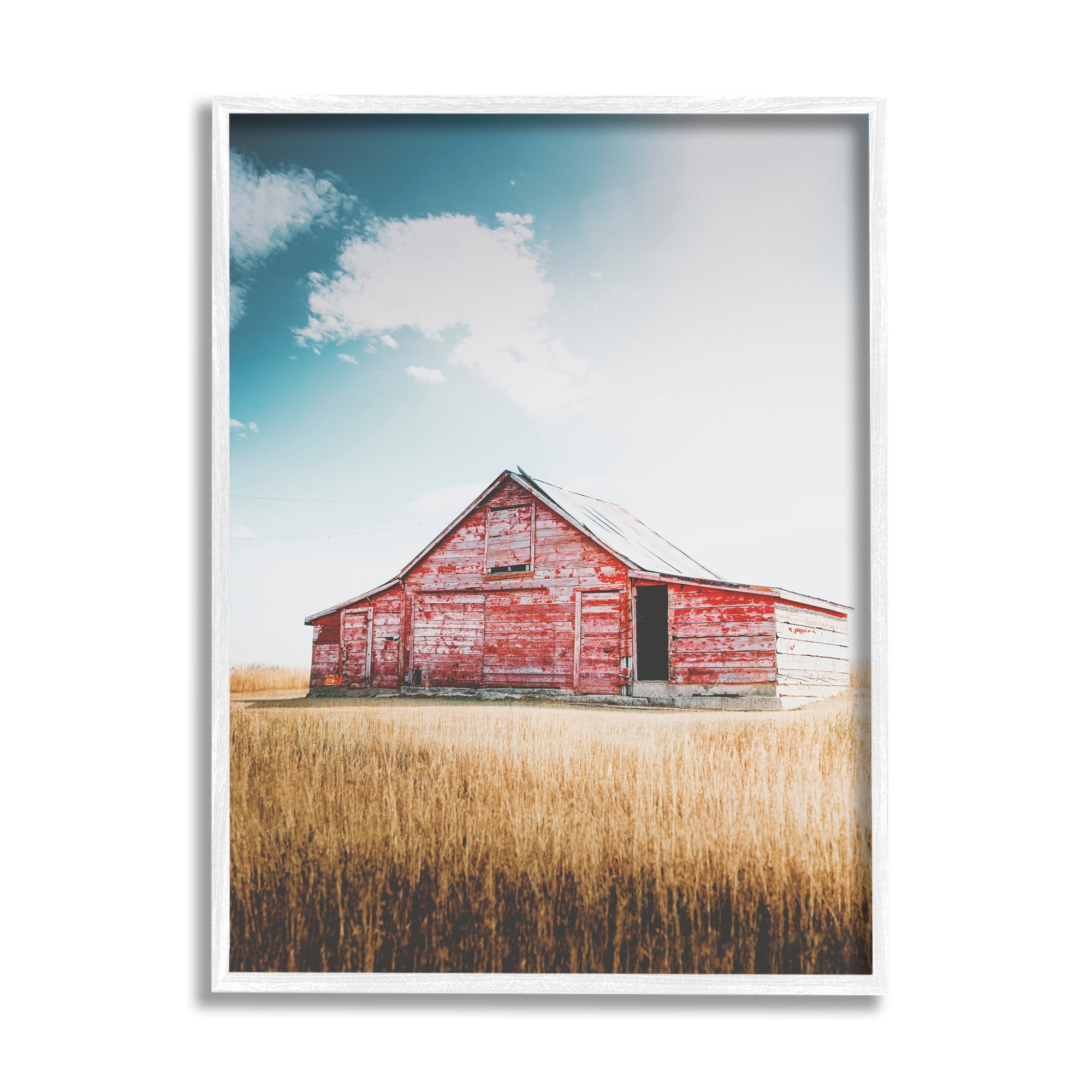 Stupell Industries Red Barn in Countryside Nature Photography White Framed Art Print Wall Art, 16 x 20