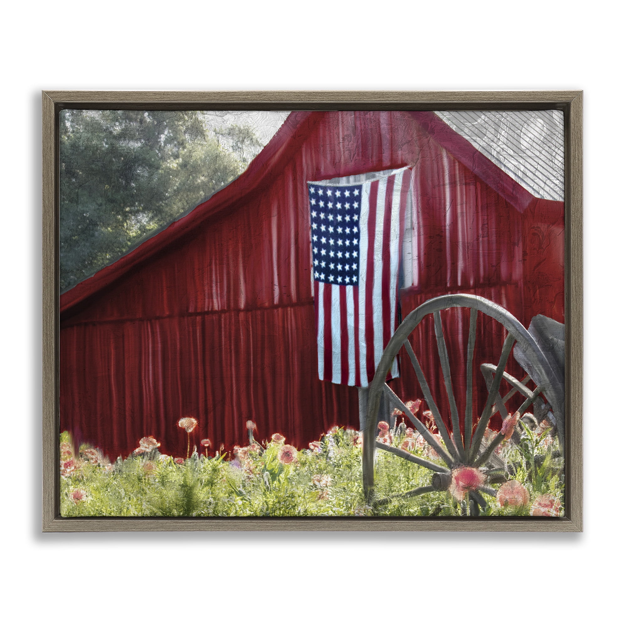 Stupell Industries Red Barn with American Flag Travel & Places Painting Brown Floater Framed Canvas Art Print Wall Art, 21 x 17