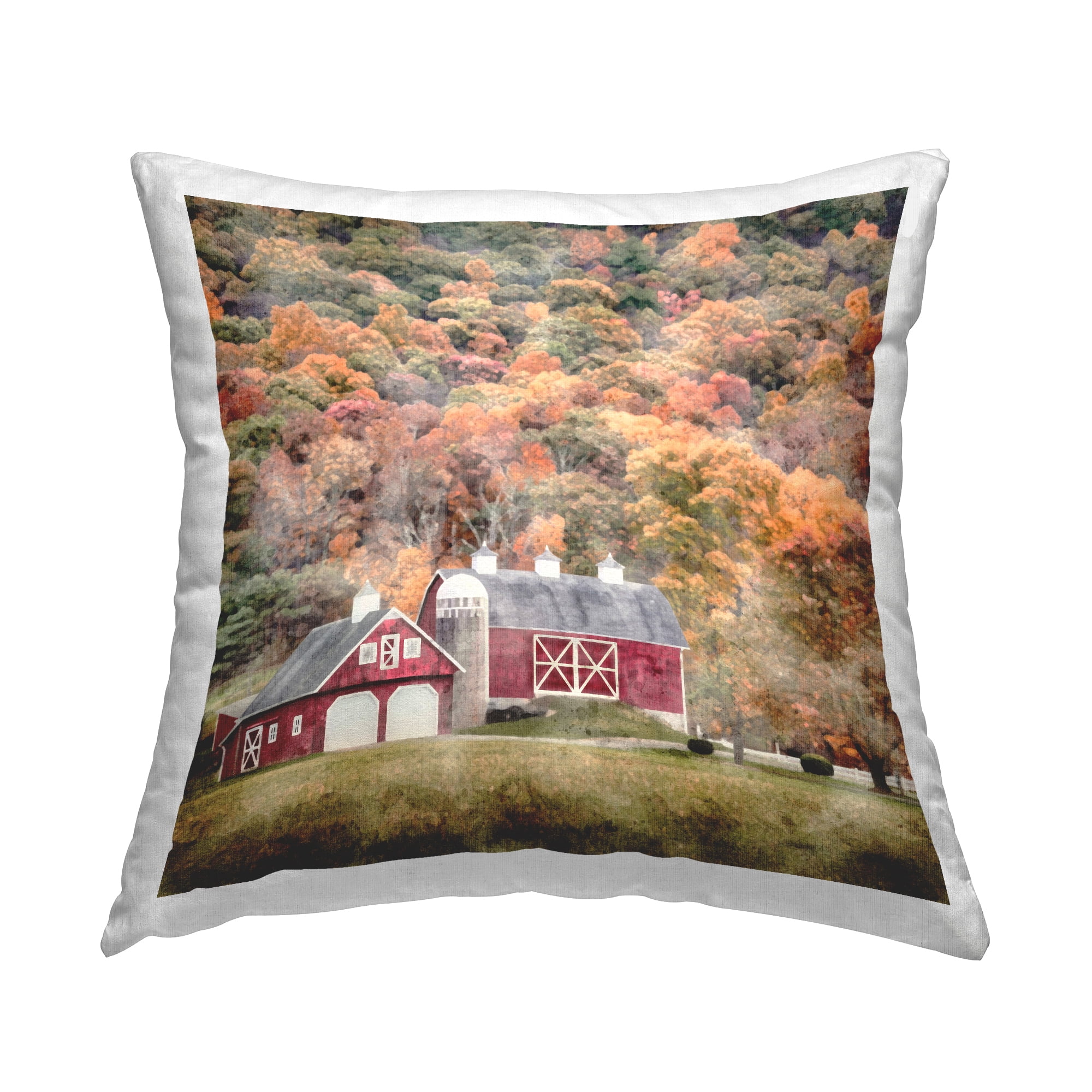Stupell Industries Red Barn with Fall Foliage Square Decorative Printed Throw Pillow, 18 x 18