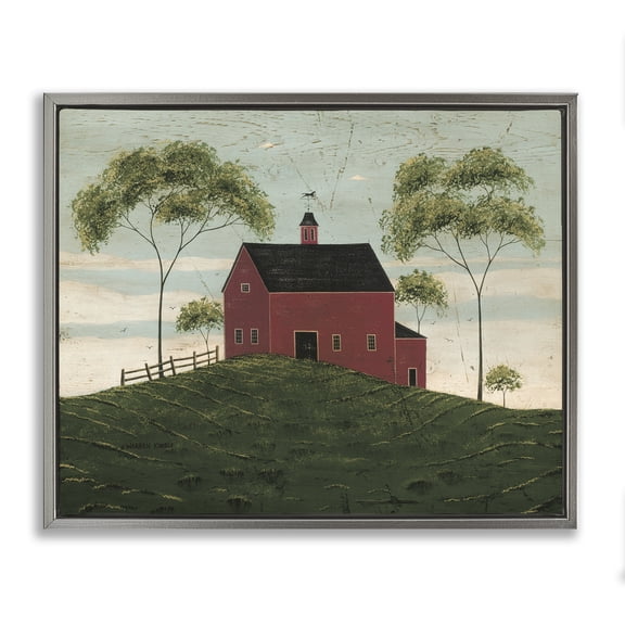 Stupell Industries Red Barn with Tree Pair Farm Painting Gray Floater Framed Canvas Art Print Wall Art, 21 x 17