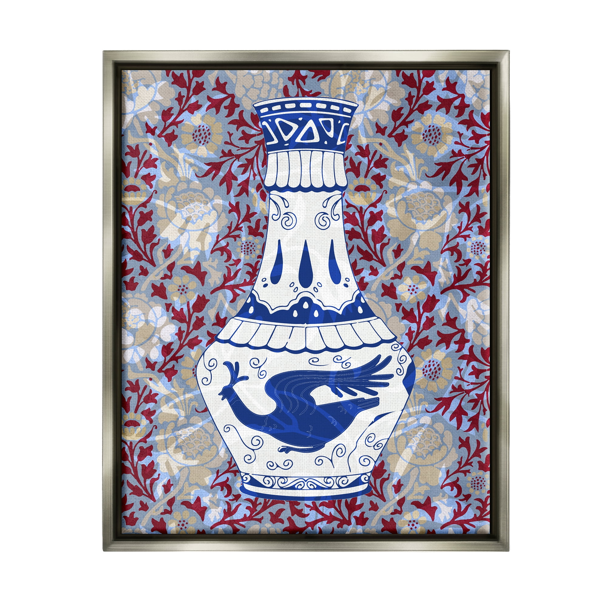 Stupell Industries Red & Blue Baroque Vase Pattern Botanical & Floral Painting Gray Floater Framed Art Print Wall Art