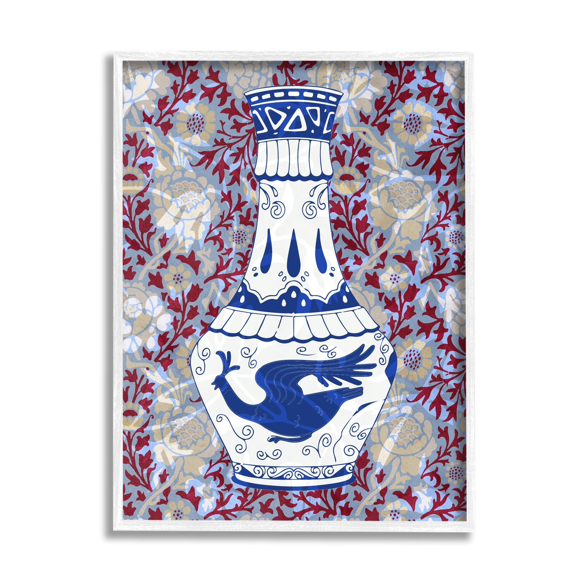 Stupell Industries Red & Blue Baroque Vase Pattern Botanical & Floral Painting White Framed Art Print Wall Art