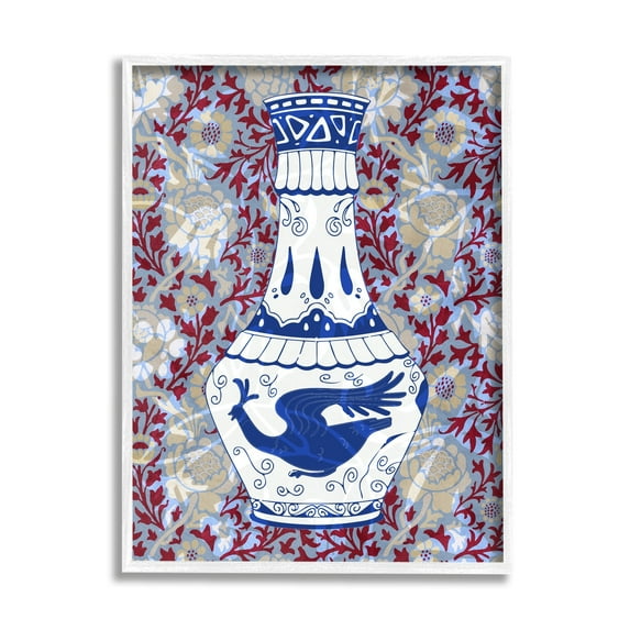 Stupell Industries Red & Blue Baroque Vase Pattern Botanical & Floral Painting White Framed Art Print Wall Art