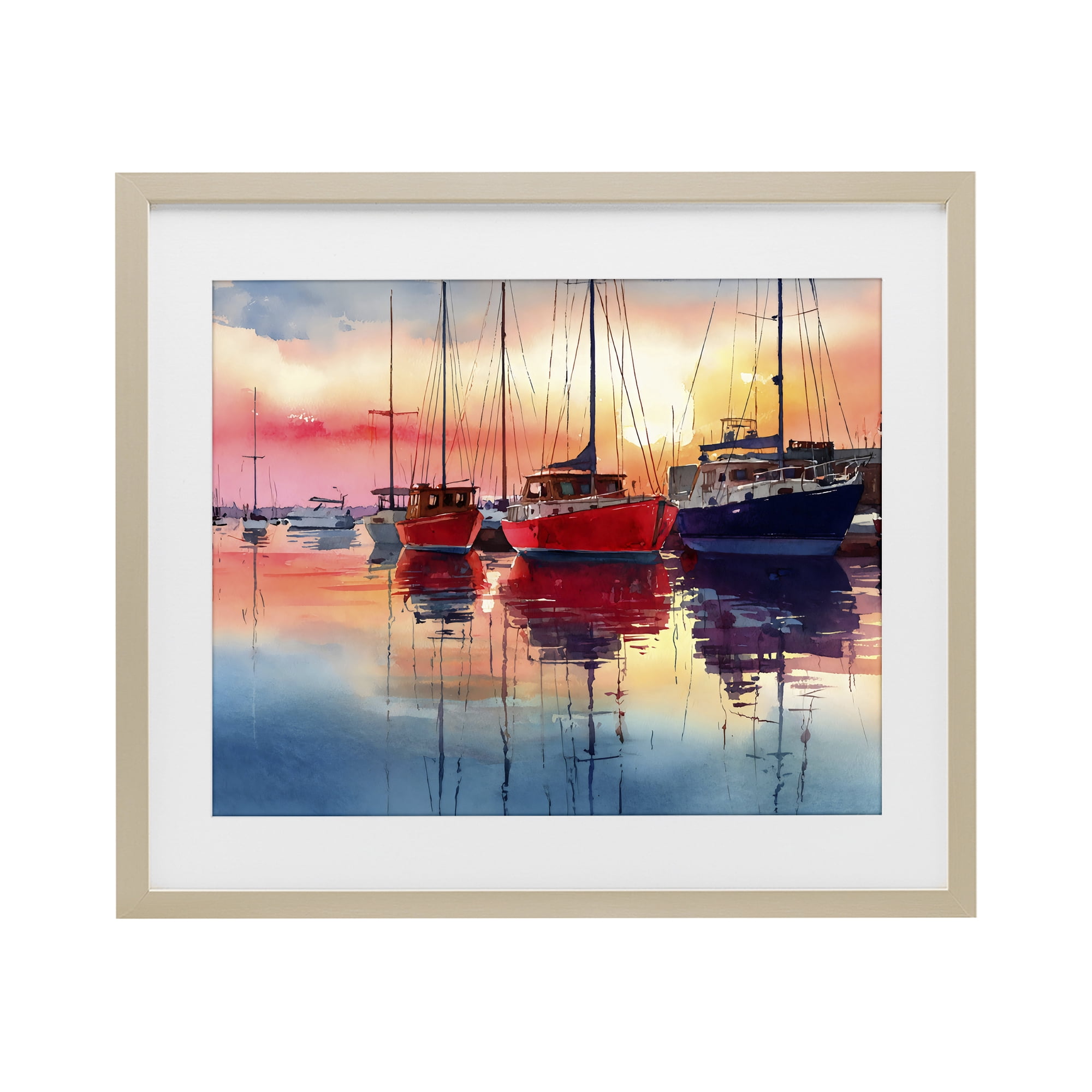Stupell Industries Red & Blue Boats at Sunset Birch Framed Print Under Glass, design by Franklyn Gregory