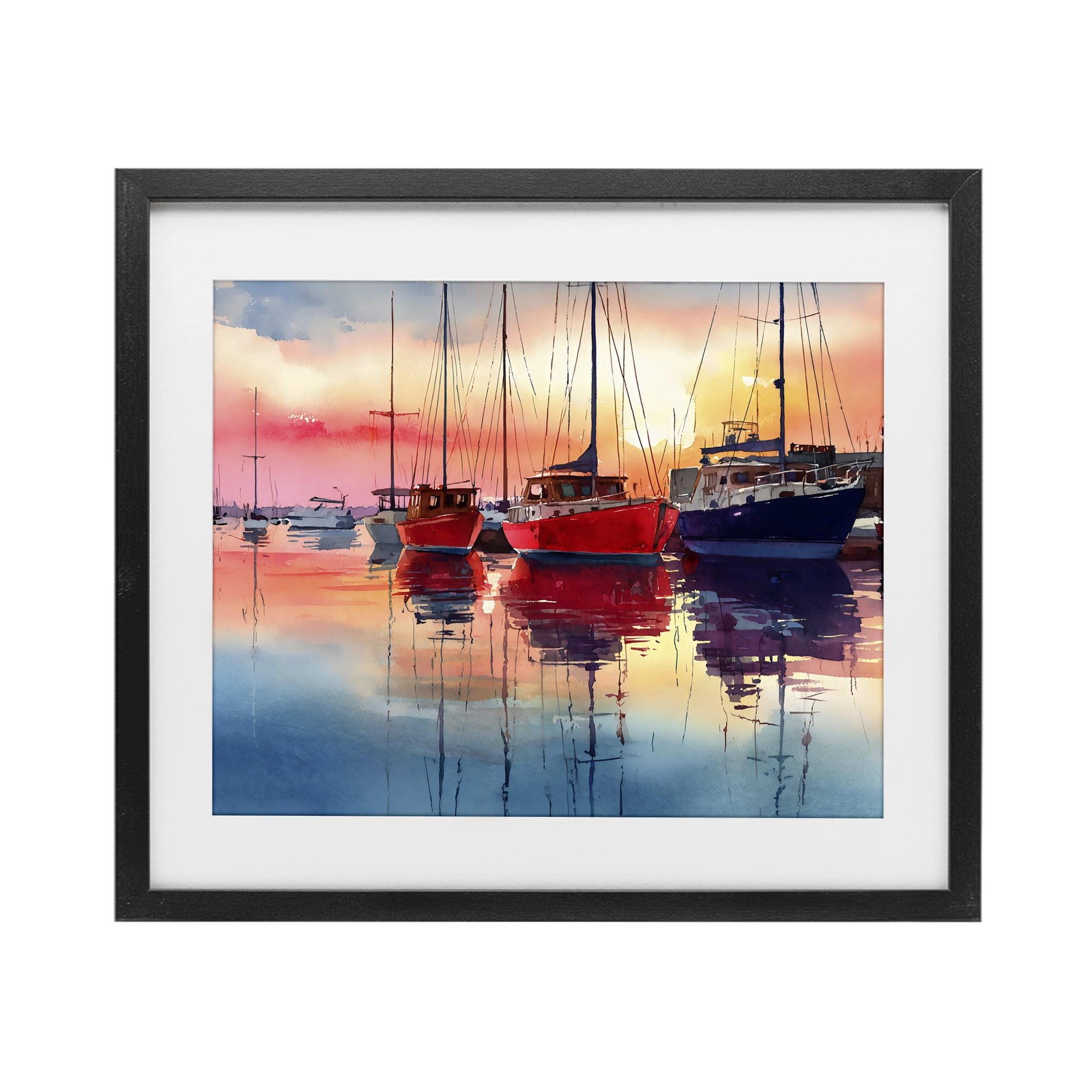 Stupell Industries Red & Blue Boats at Sunset Black Framed Print Under Glass, design by Franklyn Gregory