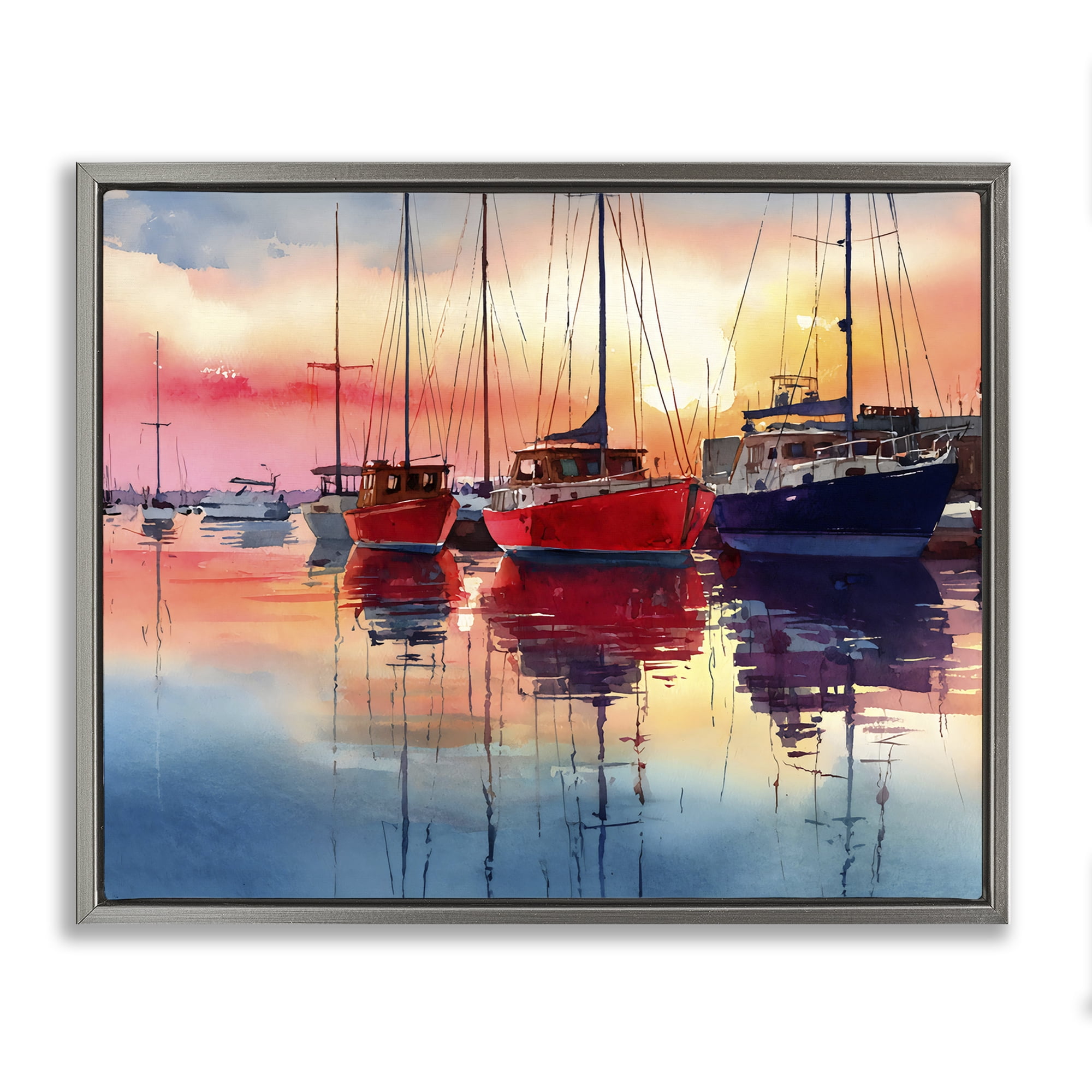 Stupell Industries Red & Blue Boats at Sunset Gray Framed Floater Canvas Wall Art, design by Franklyn Gregory