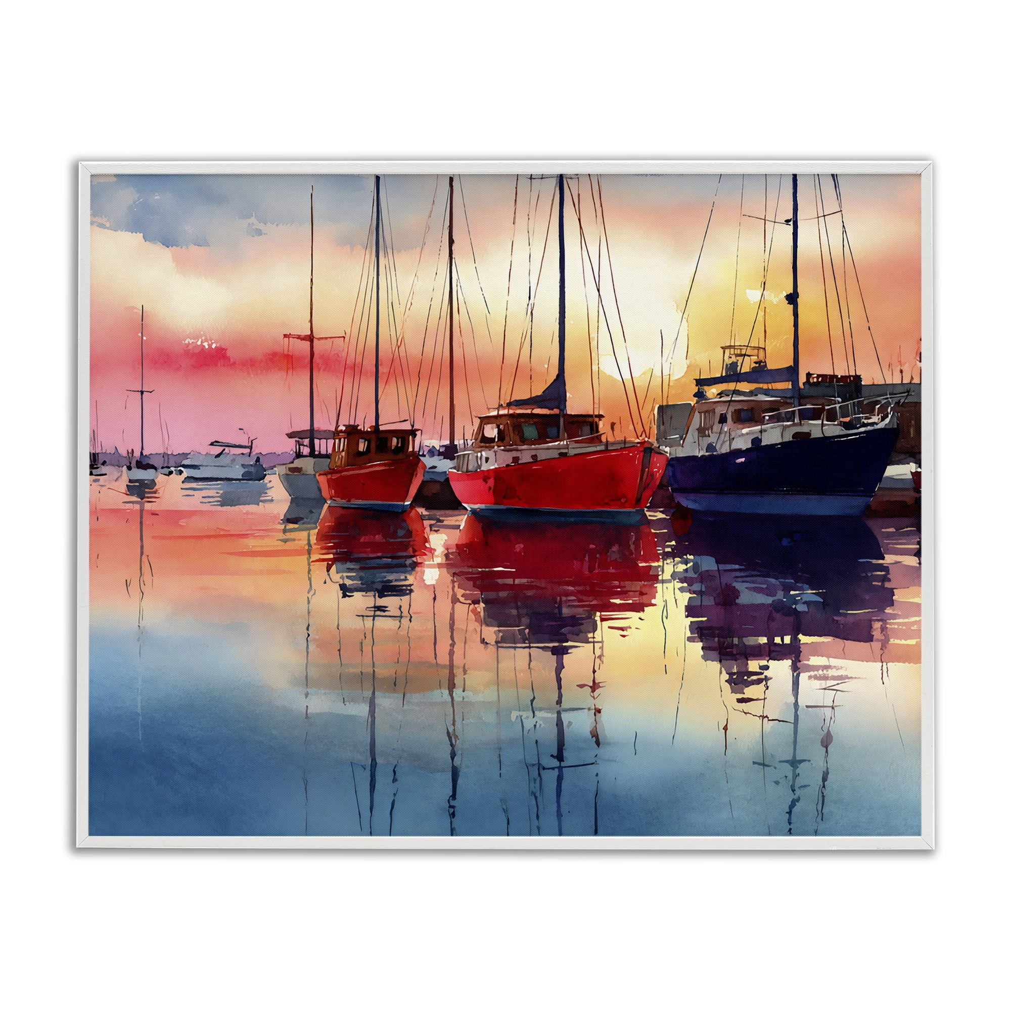 Stupell Industries Red & Blue Boats at Sunset White Framed Giclee Art, design by Franklyn Gregory