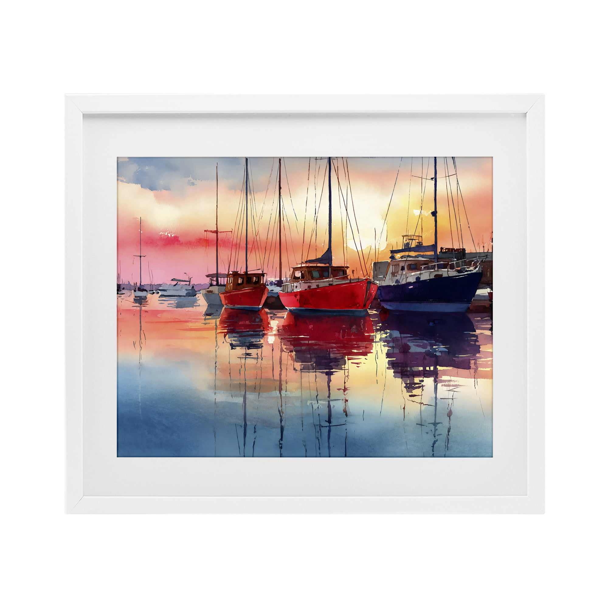 Stupell Industries Red & Blue Boats at Sunset White Framed Print Under Glass, design by Franklyn Gregory