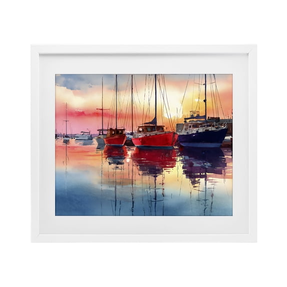 Stupell Industries Traditional Red & Blue Boats at Sunset White Framed Print Under Glass, 21 x 17, by Franklyn Gregory