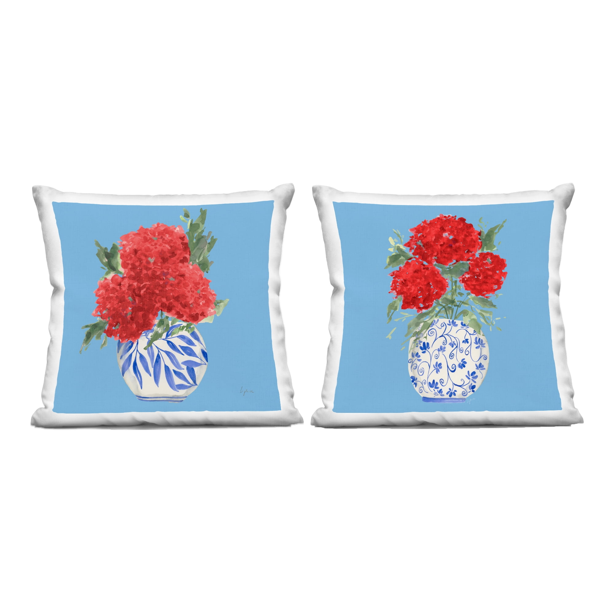 Stupell Industries Red & Blue Hydrangea Vases 2 Piece Decorative Printed Throw Pillow Set, design by Lucille Price