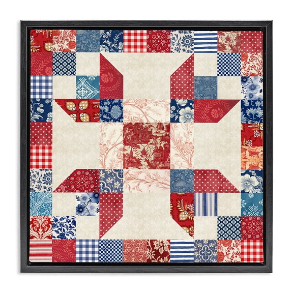 Stupell Industries Red & Blue Traditional Quilt Pattern Abstract Painting Black Floater Framed Canvas Art Print Wall Art, 18 x 18