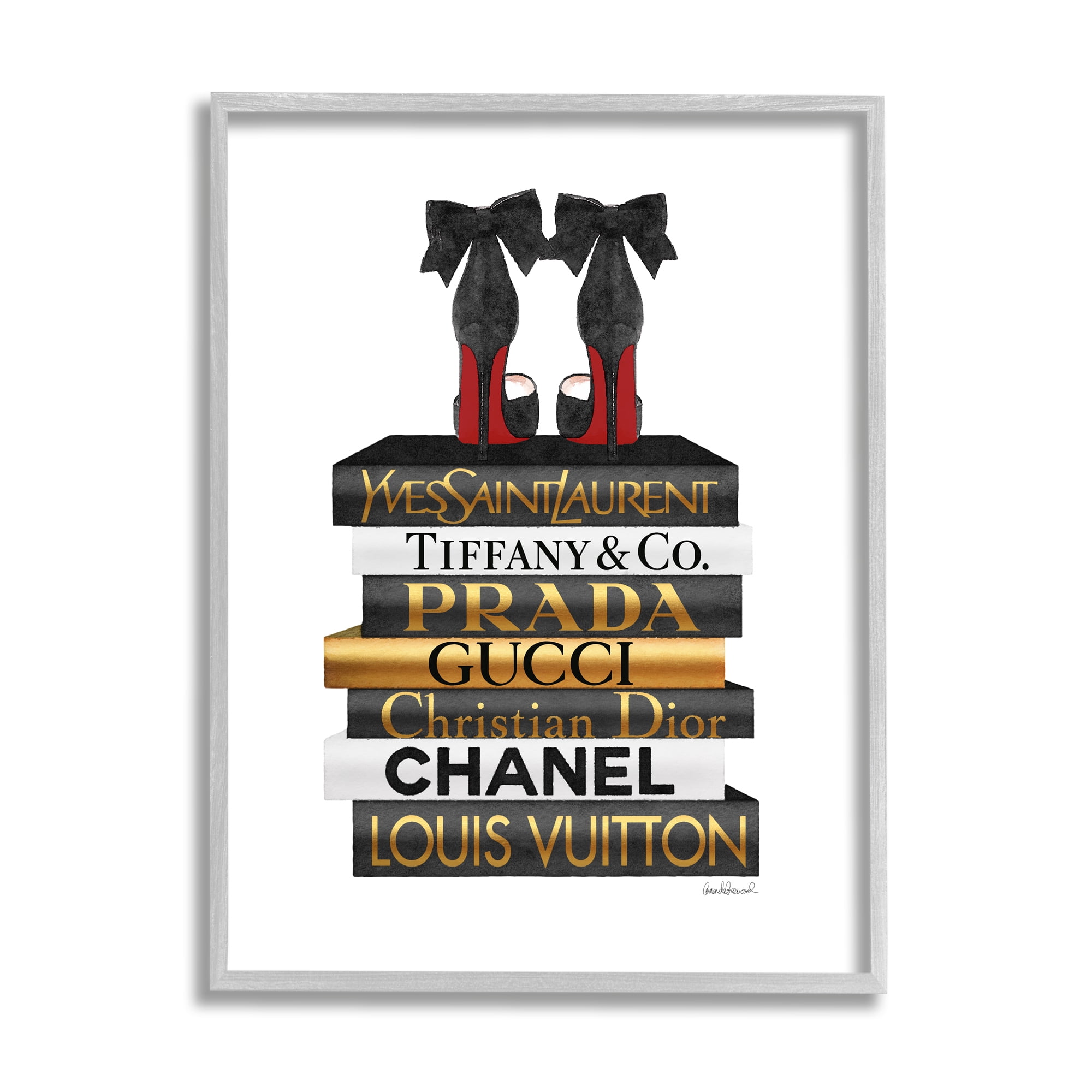Stupell Industries Red Bottom Heels Glam Fashion Bookstack Beauty & Fashion Painting Gray Framed Art Print Wall Art, 11 x 14