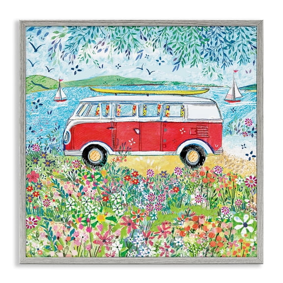 Red Campervan Ready For Surf Gray Framed Giclee Art, 17 x 17, Made In USA