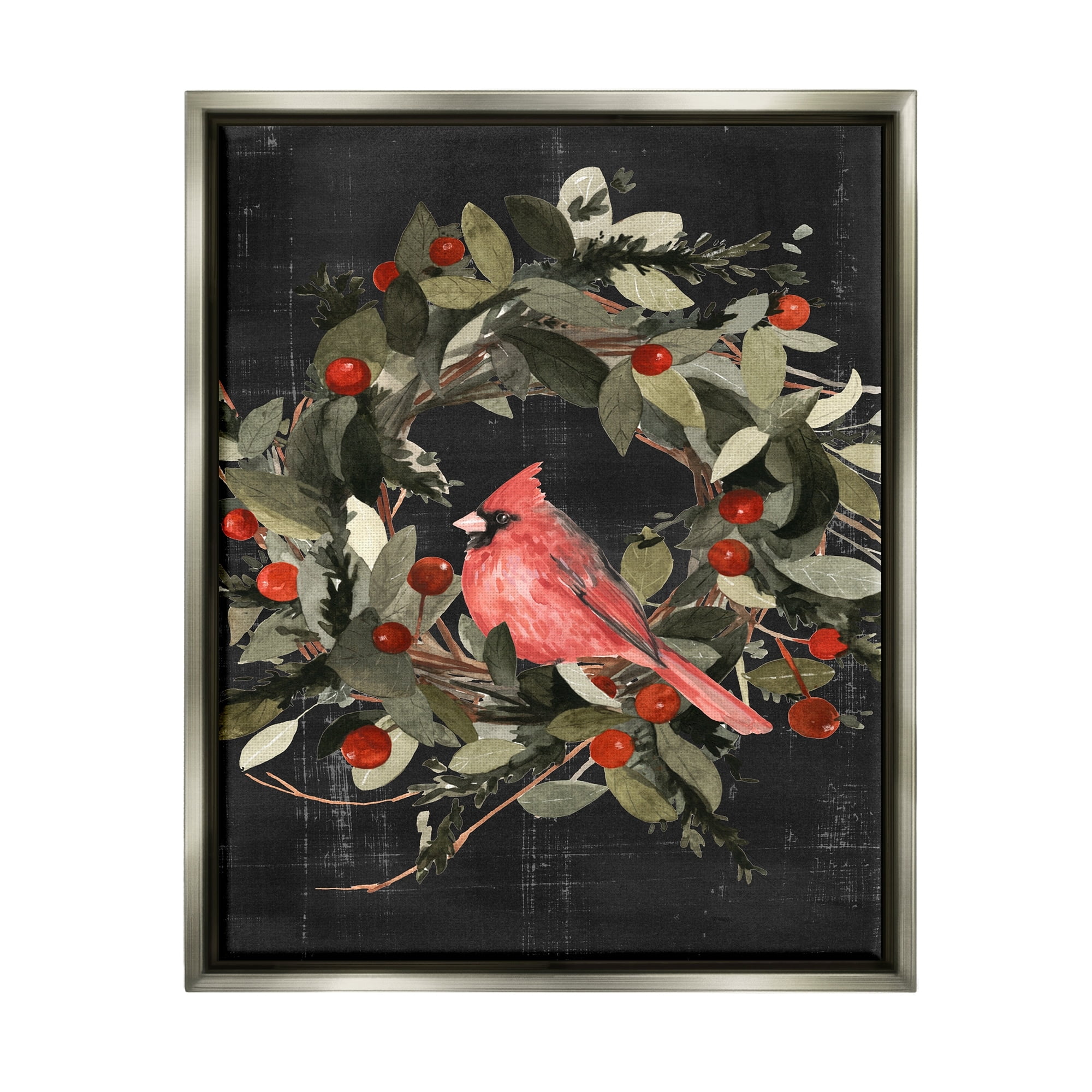 Stupell Industries Red Cardinal In Wreath Design Luster Gray Framed Floating Canvas Wall Art, 24x30, by Emma Scarvey