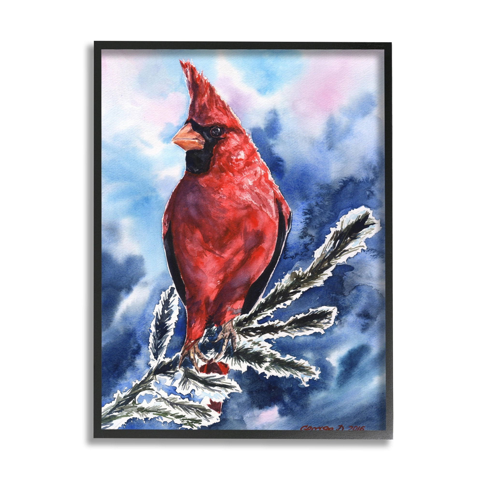 Stupell Industries Red Cardinal Perched on Pine Branch over Blue Black Framed, 11 x 14, Design by George Dyachenko