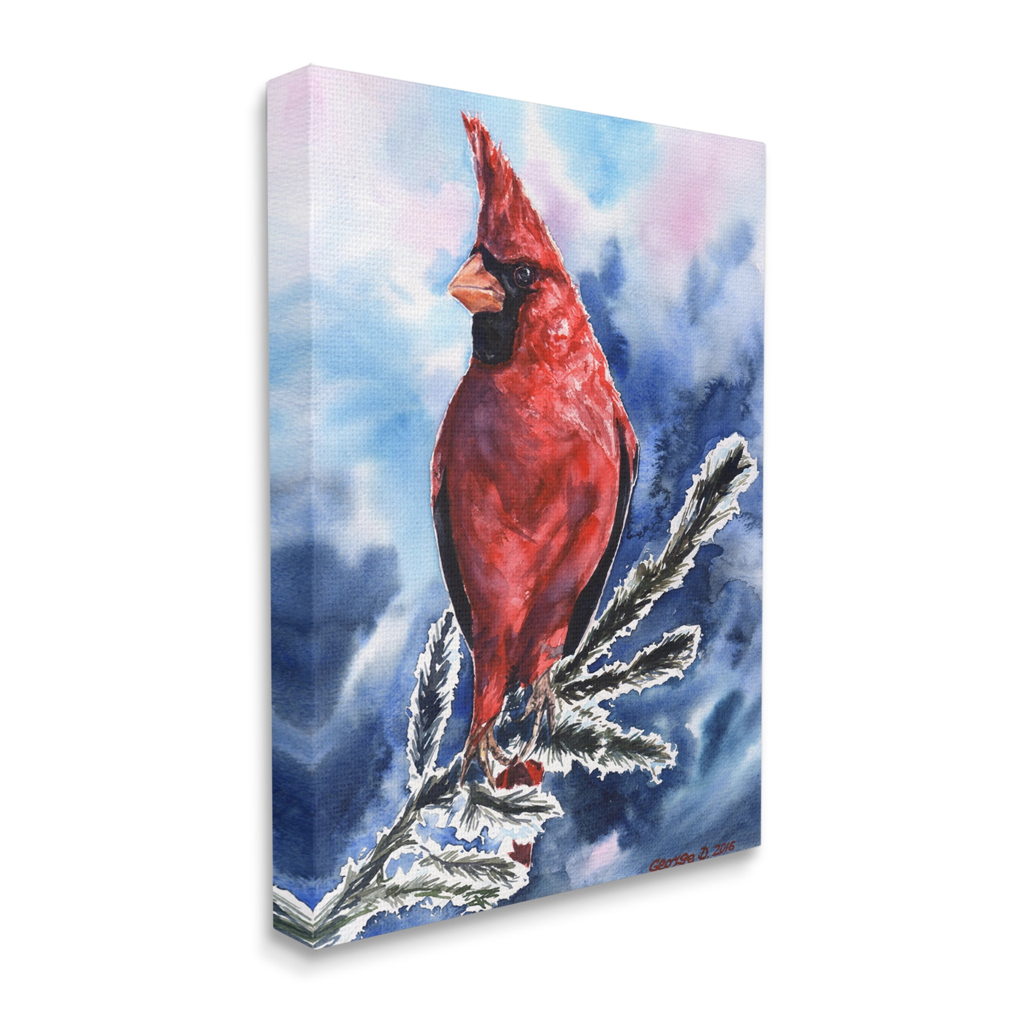 Stupell Industries Red Cardinal Perched on Pine Branch over Blue Canvas Wall Art, 24 x 30, Design by George Dyachenko
