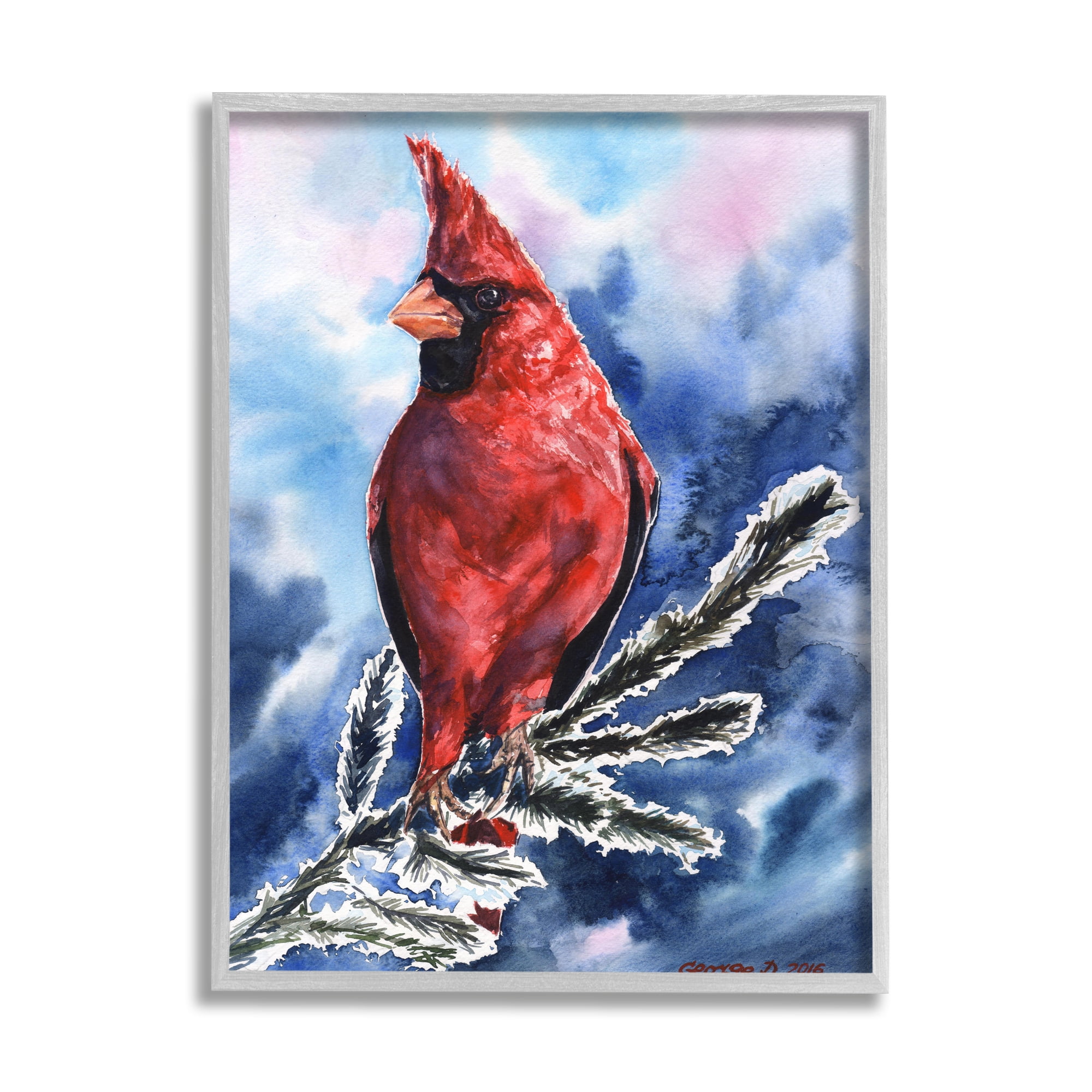Stupell Industries Red Cardinal Perched on Pine Branch over Blue Grey Framed, 16 x 20, Design by George Dyachenko
