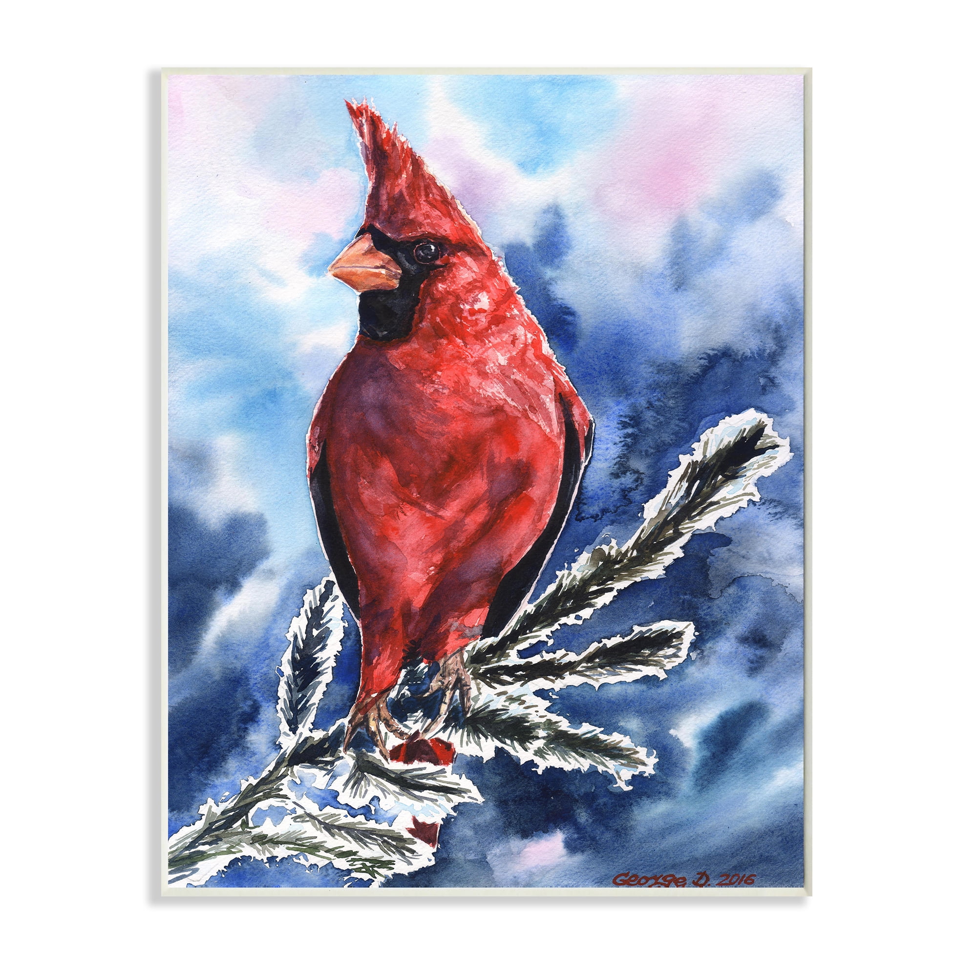 Stupell Industries Red Cardinal Perched on Pine Branch over Blue Wall Plaque, 10 x 15, Design by George Dyachenko