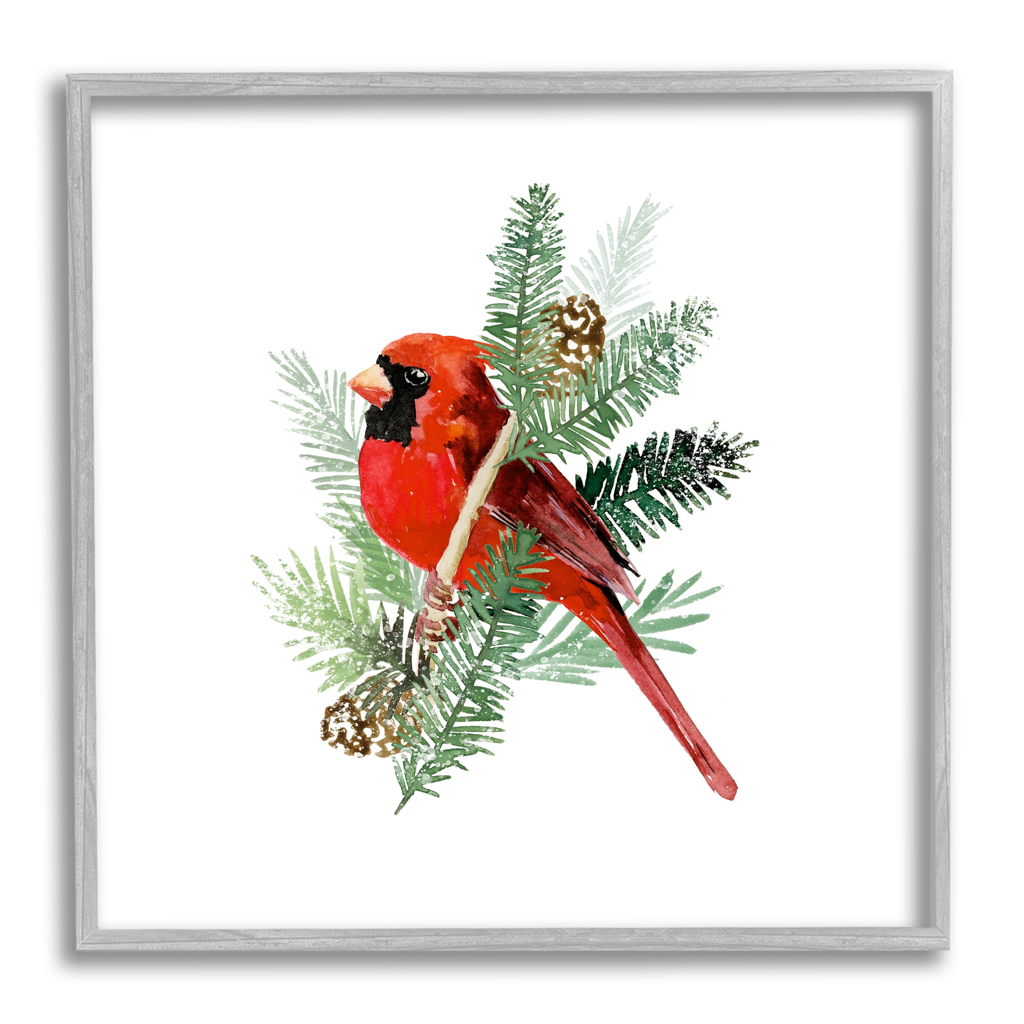 Stupell Industries Red Cardinal Pine Branch Minimal Bird Portrait Animals & Insects Painting Gray Framed Art Print Wall Art, 12 x 12