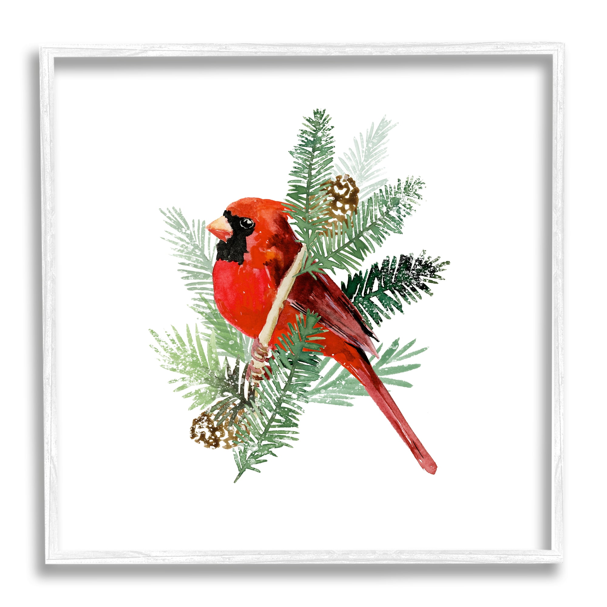 Stupell Industries Red Cardinal Pine Branch Minimal Bird Portrait Animals & Insects Painting White Framed Art Print Wall Art, 12 x 12