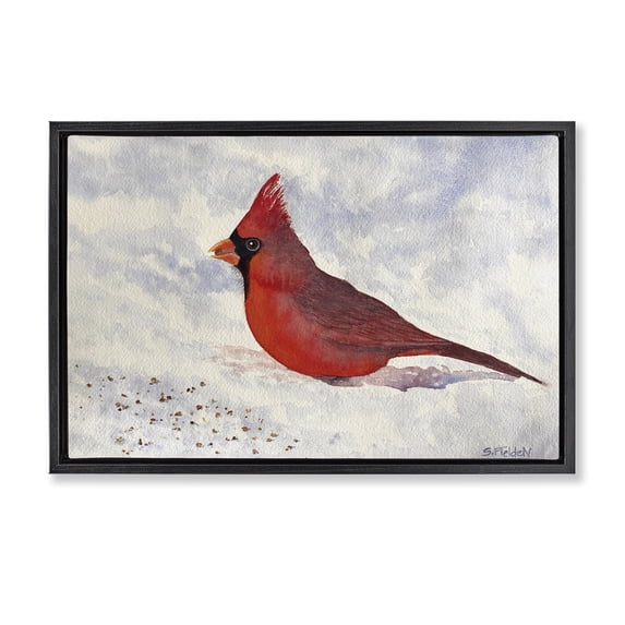 Stupell Industries Red Cardinal in Snow Animals Painting Black Floater Framed Canvas Art Print Wall Art, 31 x 21