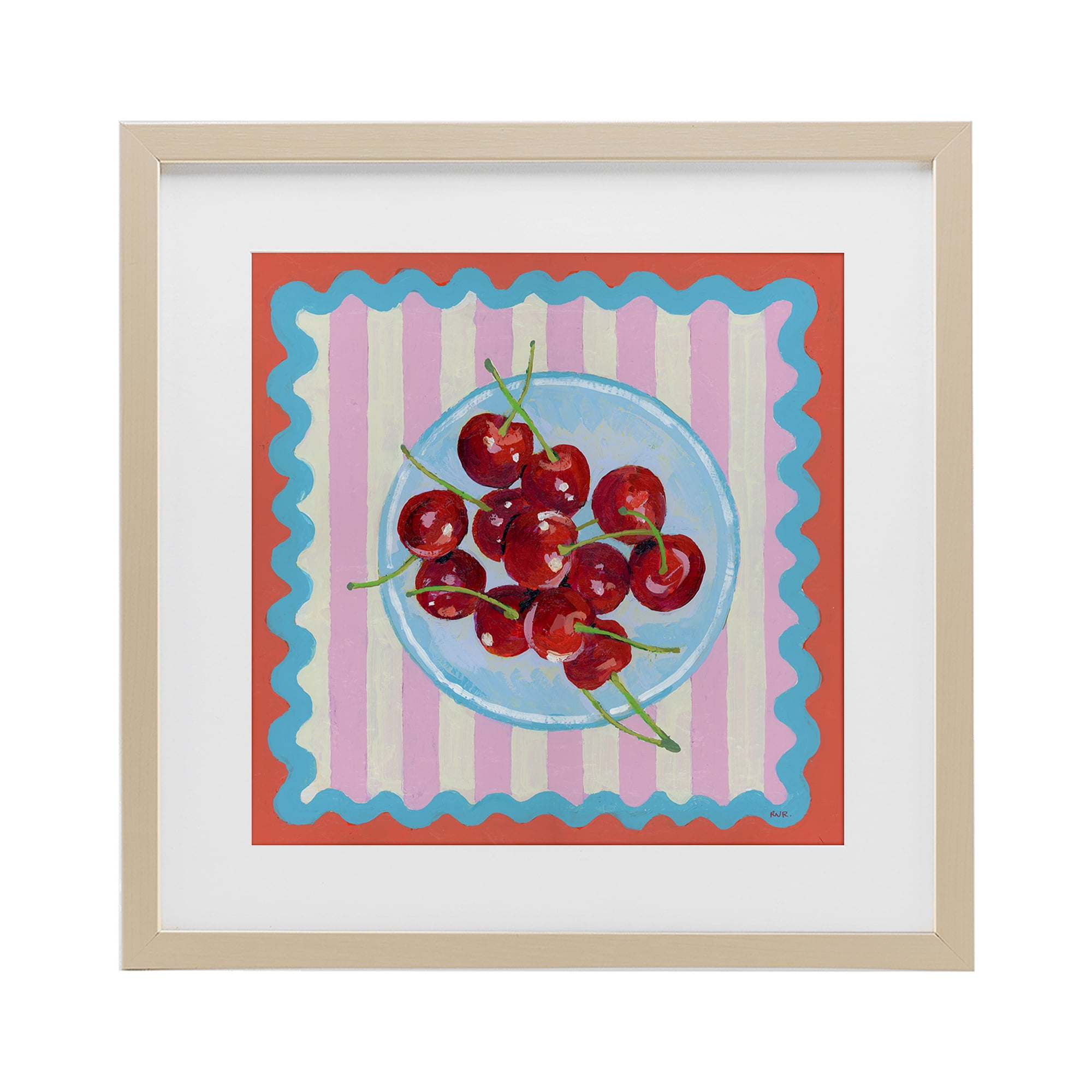 Stupell Industries Red Cherries over Pink Stripes Birch Framed Print Under Glass, design by Rachael Reese