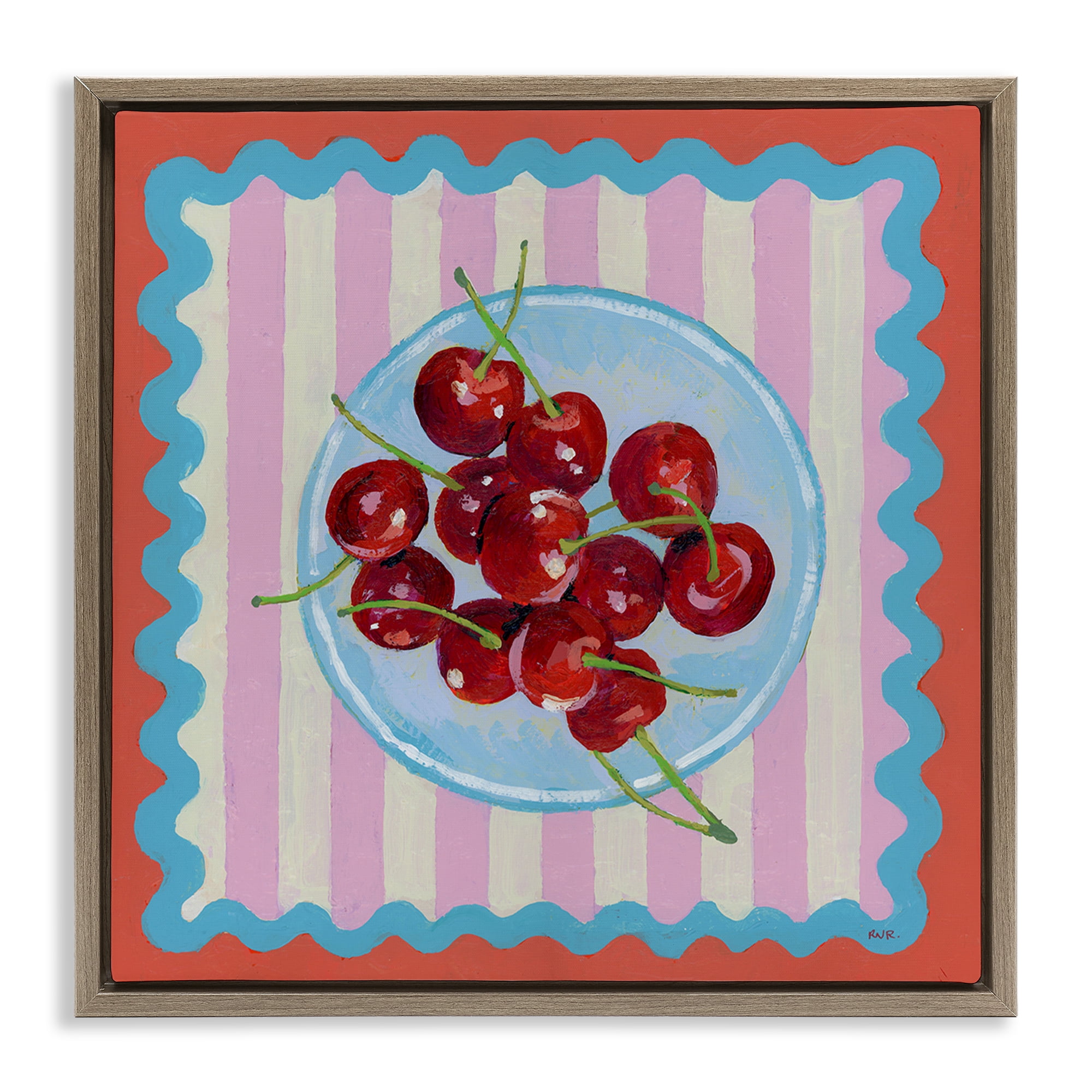 Stupell Industries Red Cherries over Pink Stripes Brown Framed Floater Canvas Wall Art, design by Rachael Reese