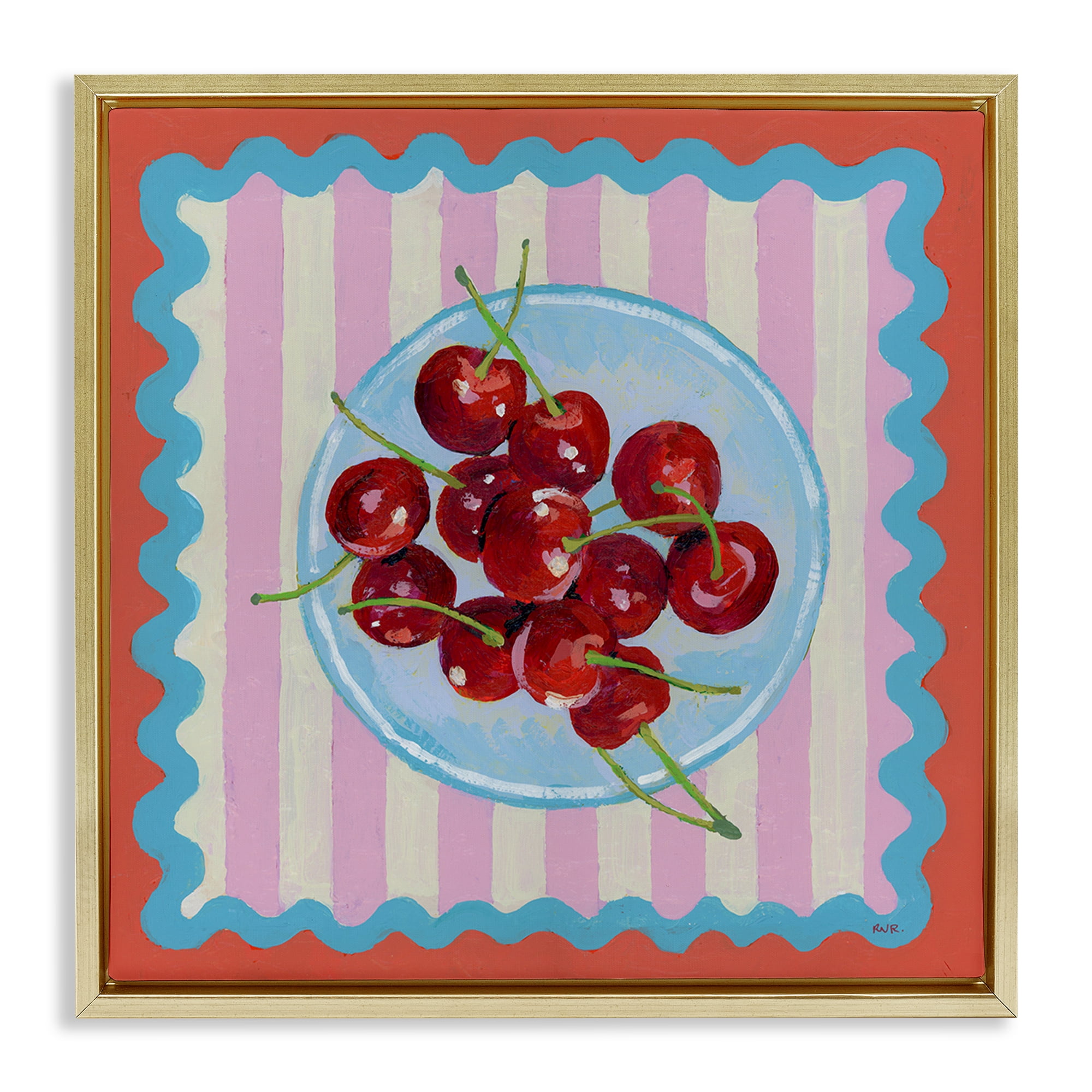 Stupell Industries Red Cherries over Pink Stripes Gold Framed Floater Canvas Wall Art, design by Rachael Reese